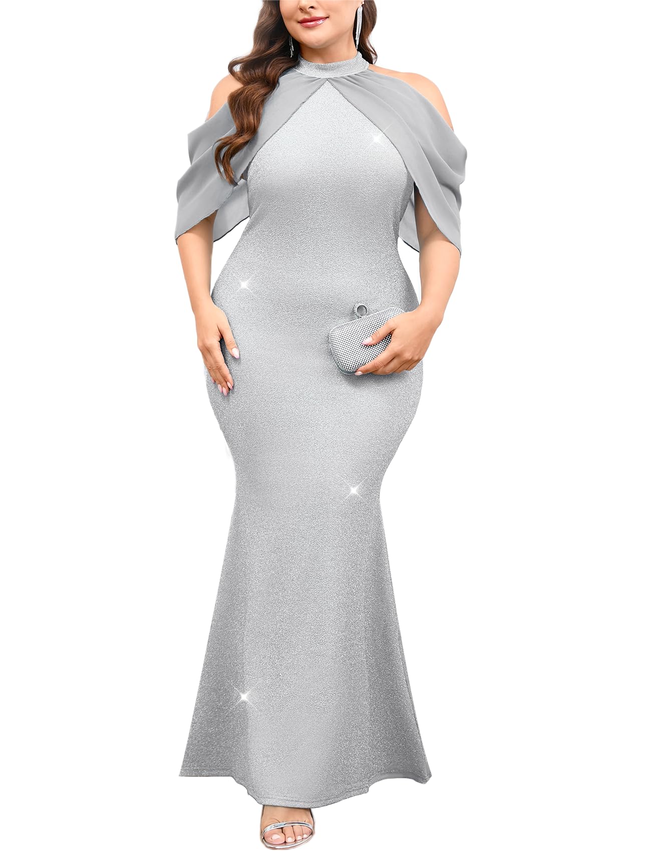 CYCLAMEN Plus Size Sparkly Maxi Dress Formal Evening Gown Halter Neck Chiffon Cape Sleeve Mermaid Dresses Cocktail Party