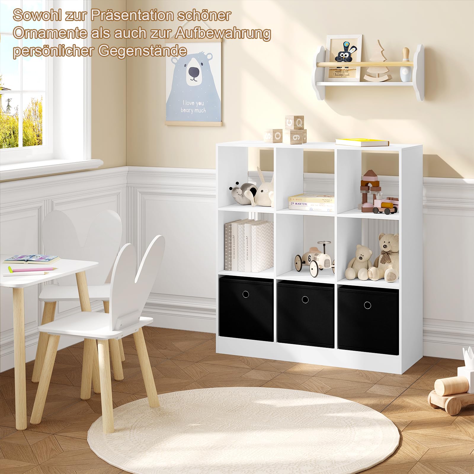 WOLTU Bücherregal Bücherschrank Standregal Würfelregal Aufbewahrungregal Raumteiler Büroregal, mit 9 Fächern 3 Schubladen aus Vliesstoff, für Wohnzimmer Schlafzimmer Büro, Weiß, SK041ws