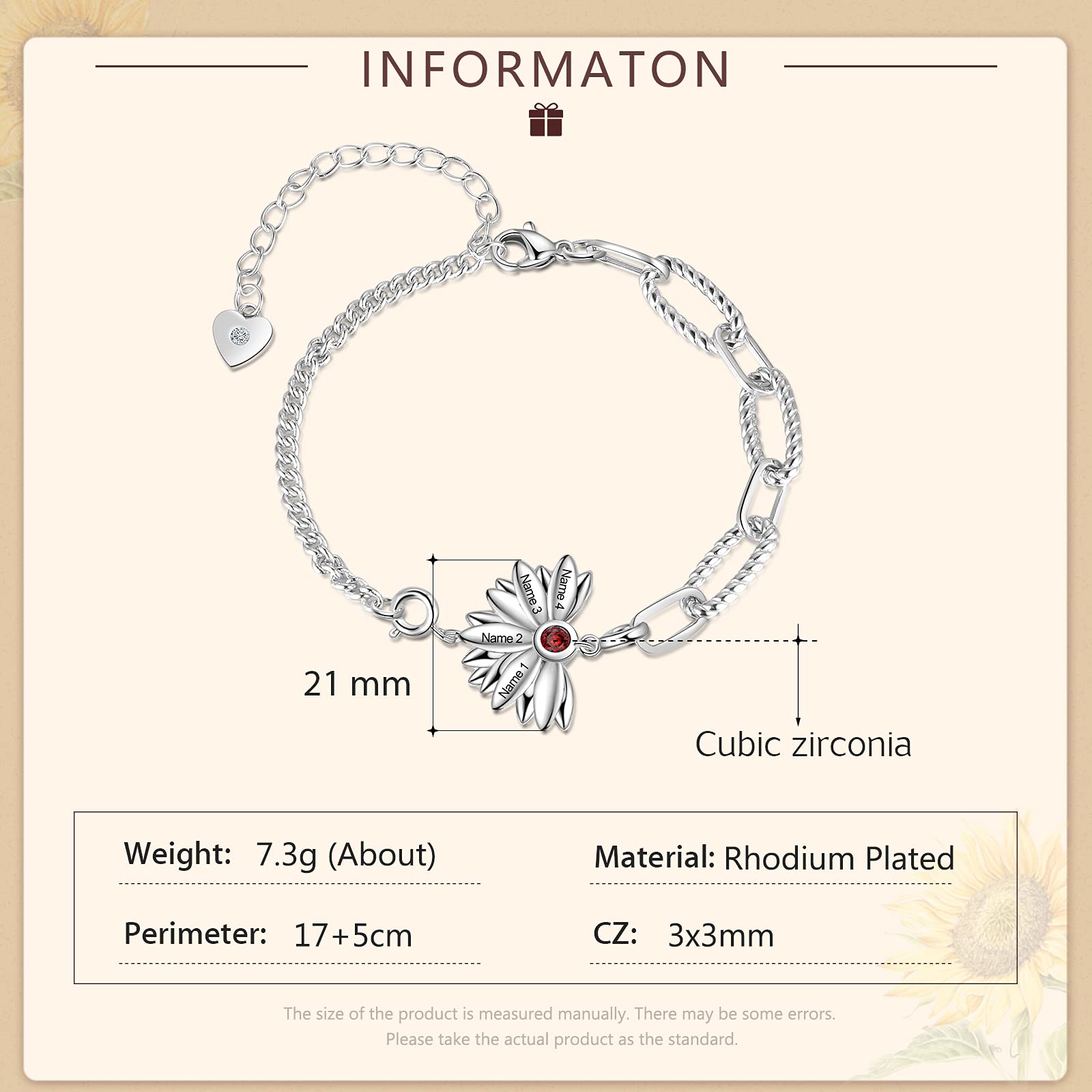 Pulsera personalizada para mujer, pulsera de plata 925 con piedra natal ajustable de girasol grabado con 2 nombres, joyería de Navidad, regalos para mamá o novia, cumpleaños, Cubic Zirconia,