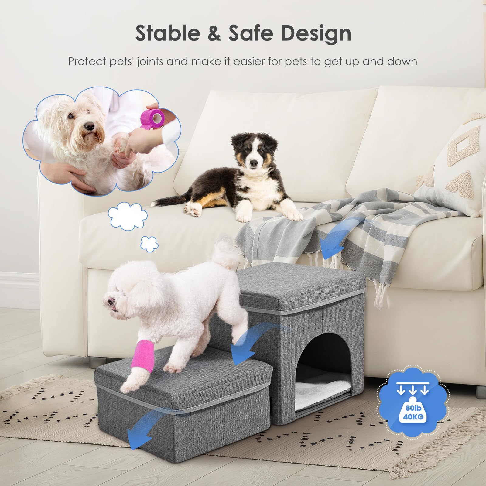 Escalera para perros, escalera para mascotas, rampa para perros y gatos, con cajas de almacenamiento, plegable para cama y sofá (2 capas)