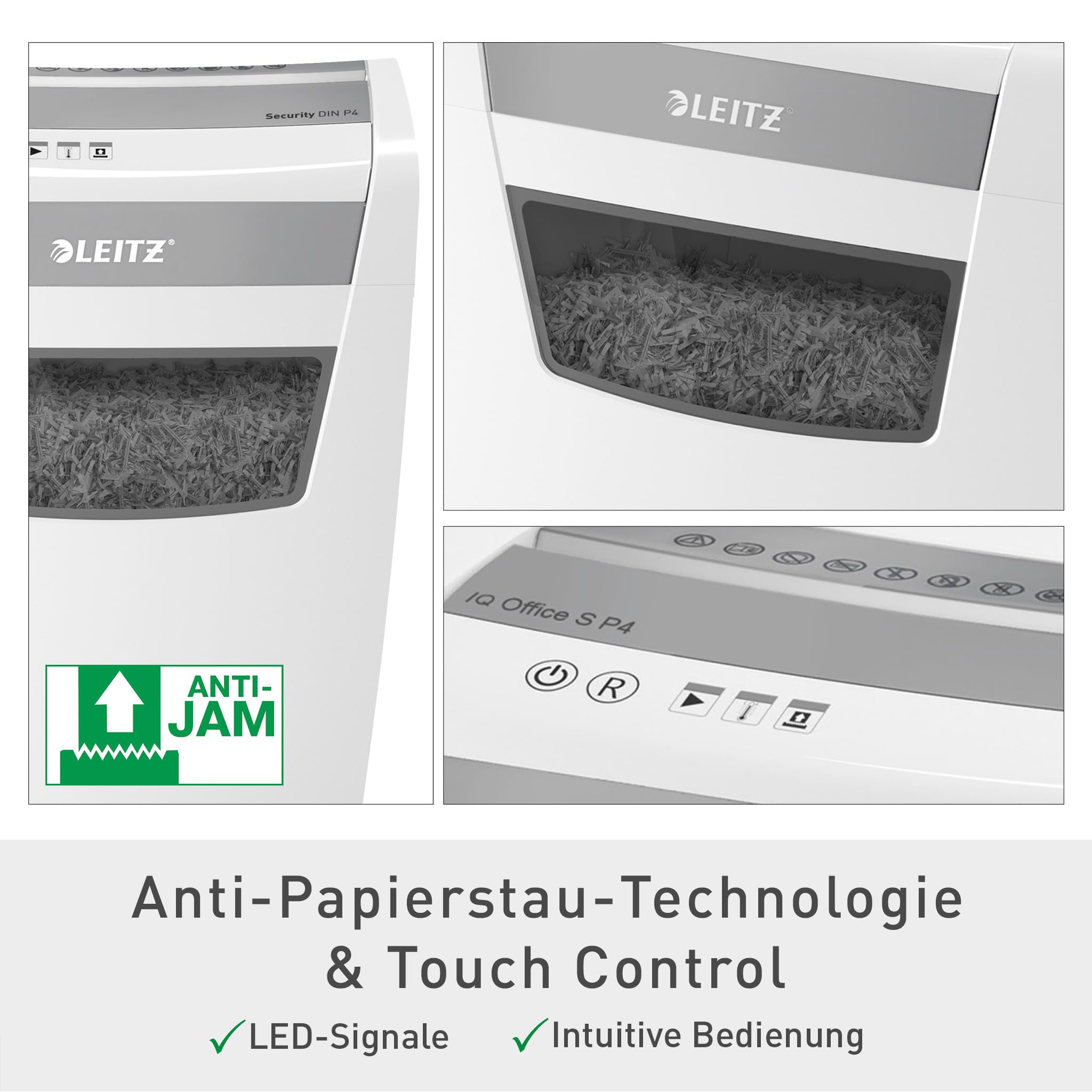 Leitz IQ Aktenvernichter Office S, 14-12 Blatt Kapazität (70-80 g/m²), TÜV+GS zertifiziert, Partikelschnitt, Sicherheitsstufe P4, Besonders leise, 23L Behälter, Schredder für Büro, Weiß, 80990000