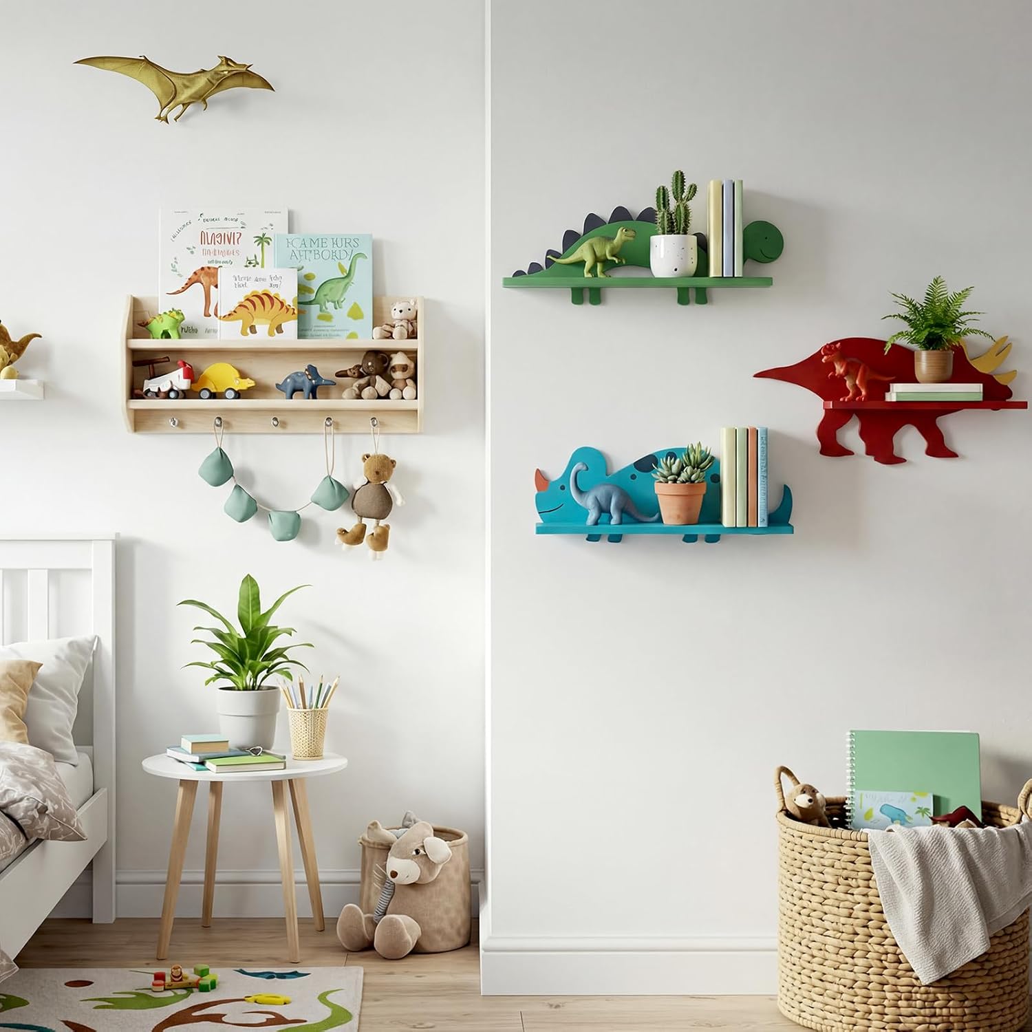 Pinkunn 3 Pcs Dinosaur Wooden Wall Shelf Decorative Dinosaur Bookshelf Triceratops Iguanodon Stegosaurus Wall Shelf with Hanging Pegs Dino Nursery Decor for Boys Room, 3 Styles