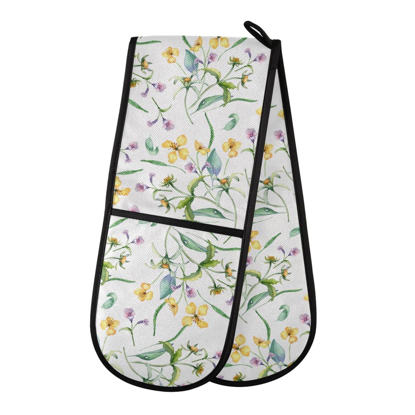Double Oven Gloves Yellow Blue Meadow Wild Flowers Heat Resistant Pot Holder Oven Mitt Gloves for BBQ Cooking Baking Grilling Microwave