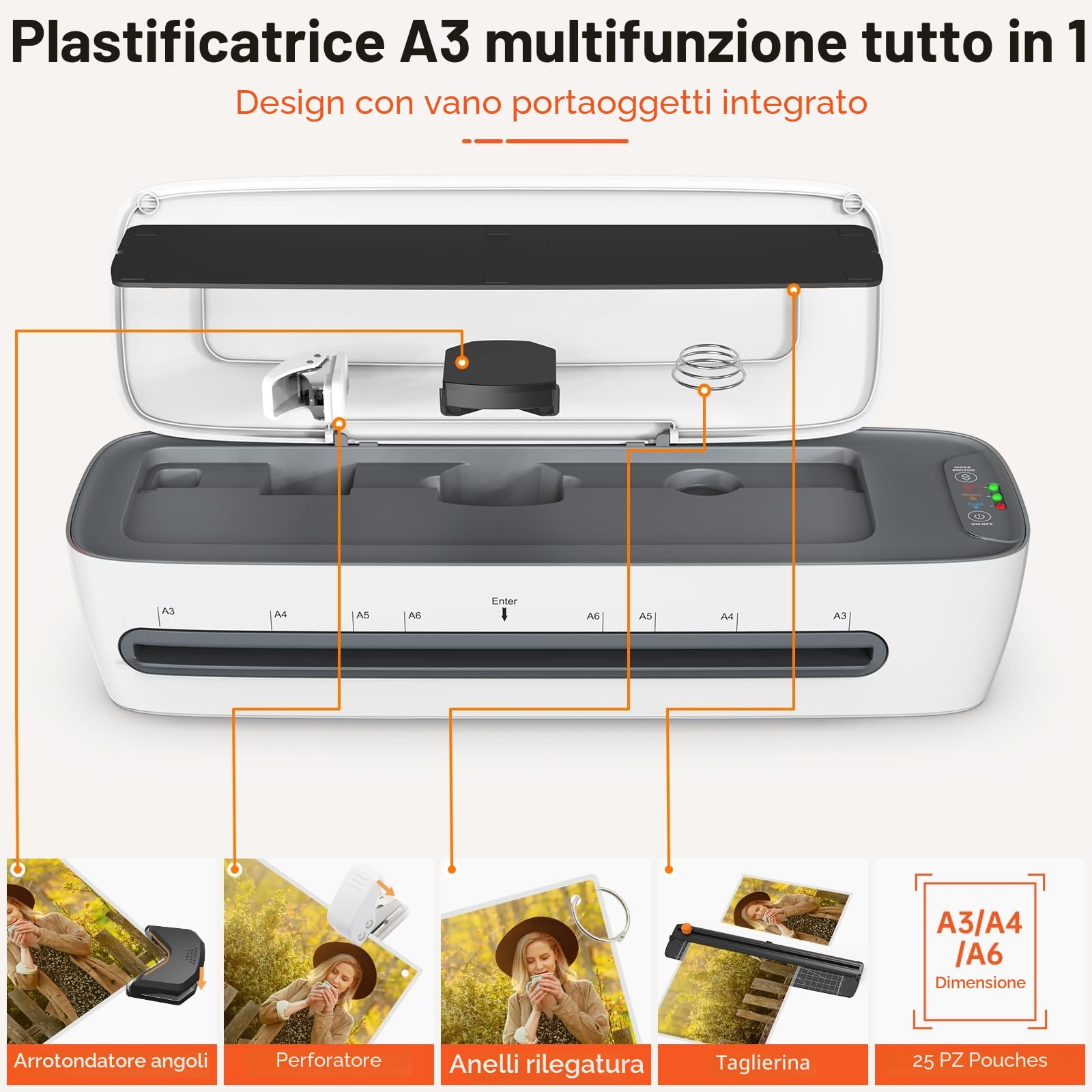 Plastificatrice,Plastificatrice A3 A4 A5 A6,Laminatrice a Freddo e Caldo con 25 Buste, Rilascio Inceppamento in ABS, 1 Taglierino, 1 Arrotondatore per angoli per Scuola, Casa, Ufficio, Documenti, Foto