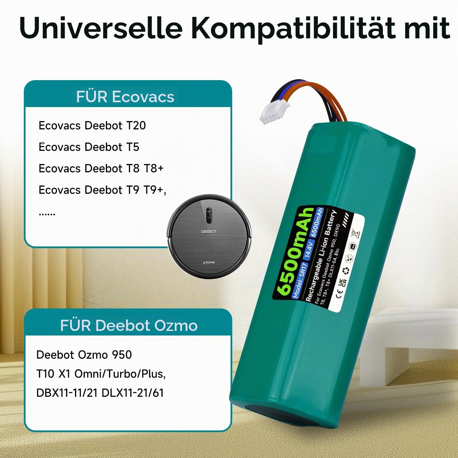 6500mAh 14.4V Ersatz Akku für Deebot N10 N20 N30 Pro/Max/Plus, für Ecovacs T30 Omni, für Ecovacs Deebot X1 Omni/Turbo/Plus