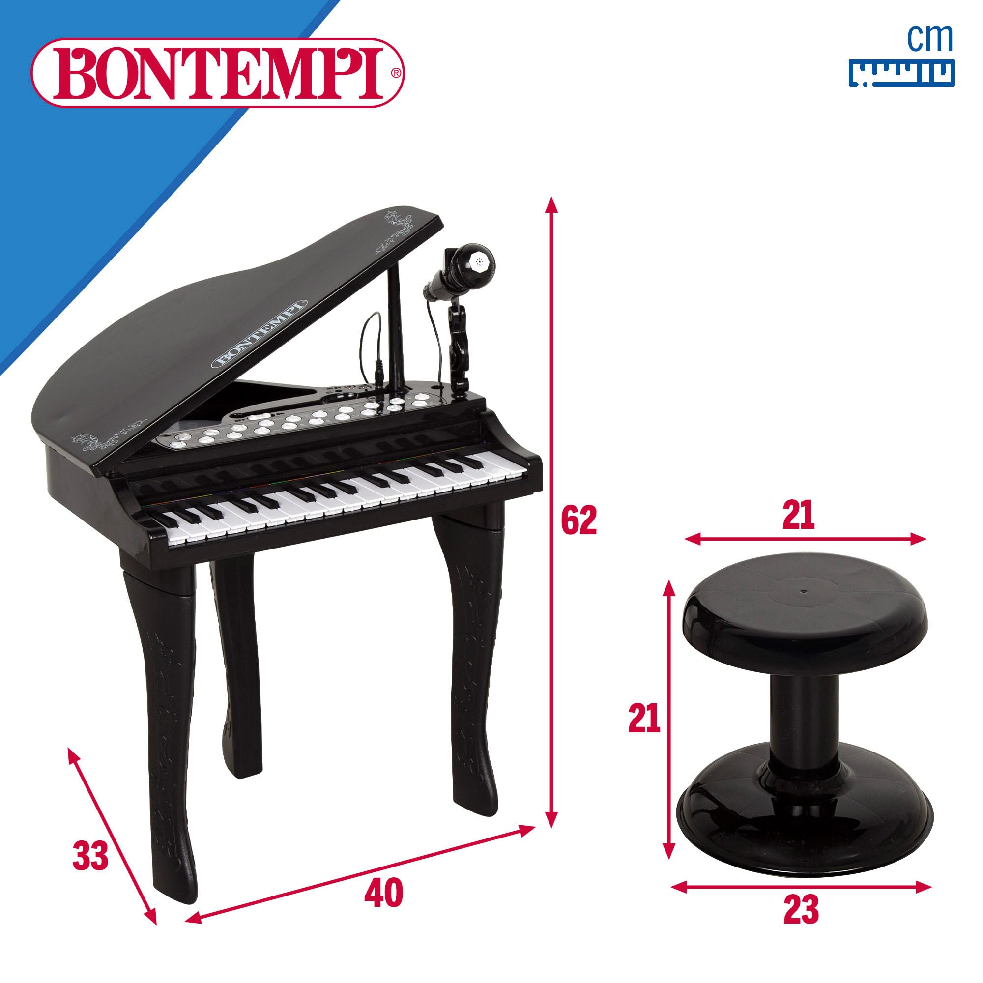ColorBaby Bontempi Piano Infantil de Cola con 32 Teclas, Micrófono, Taburete, Luces, guía de Colores, grabación, Reproducción, Entrada Auxiliar, Estructura Estable, 40x46x62 cm, Desde 3 años (39217)