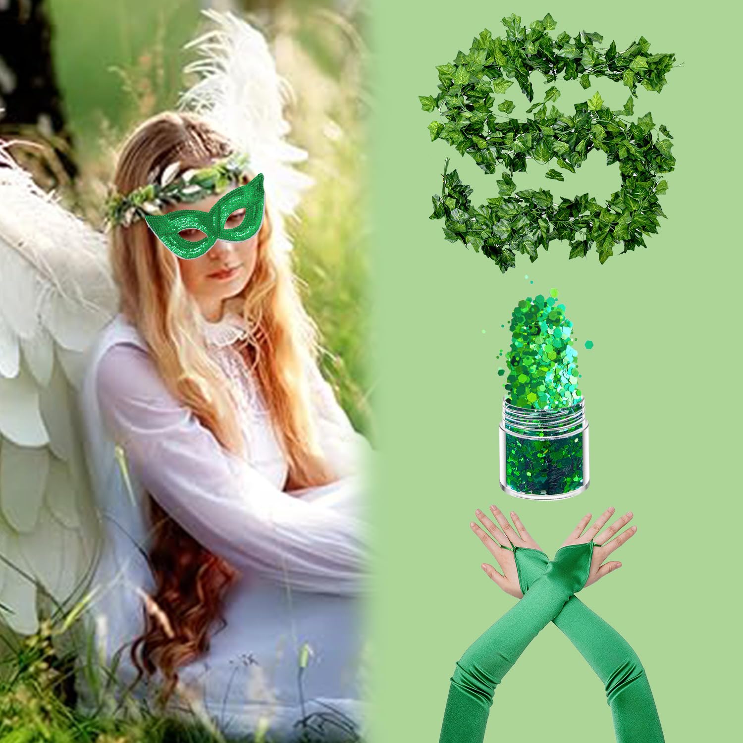 BORFUE 8Pcs Deluxe Costume Long Fingerless Gloves Artificial Ivy Vines Masks Fake Leaves Halloween Queen Party - Image 3
