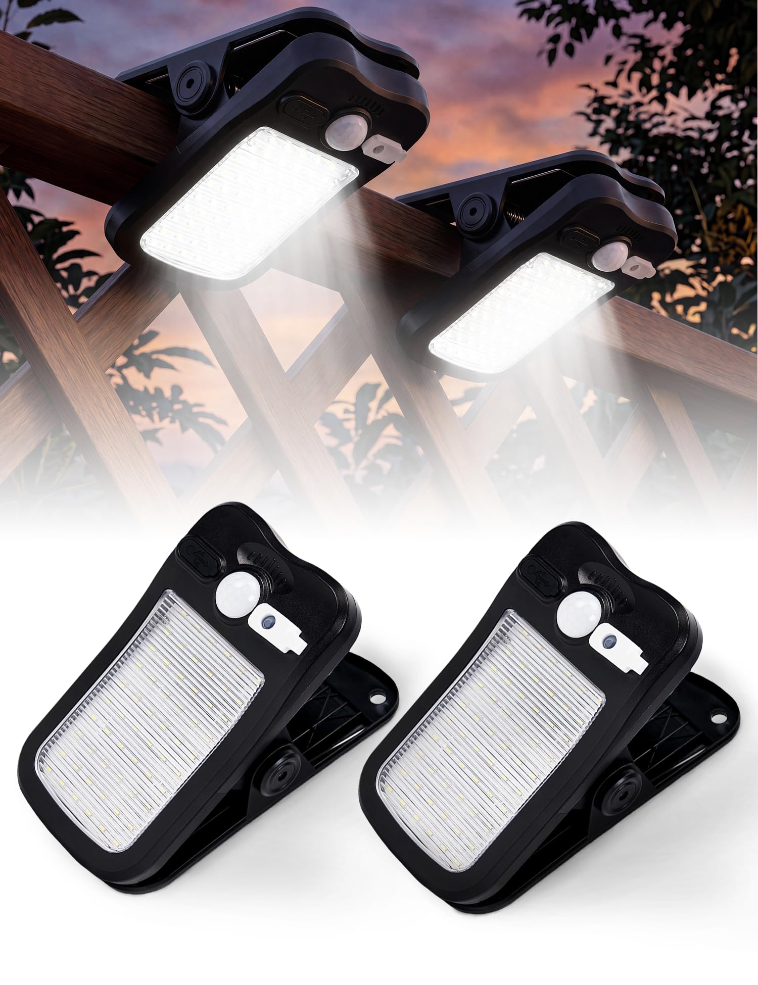 VIMAZ Clip On Solar Lights Outdoor, 2 PCS Solar Motion Sensor Light Outdoor, IP65 Waterproof, 3 Modes Solar Security Lights, Solar Lamp Clip for Wall Garden Fence Yard Garage