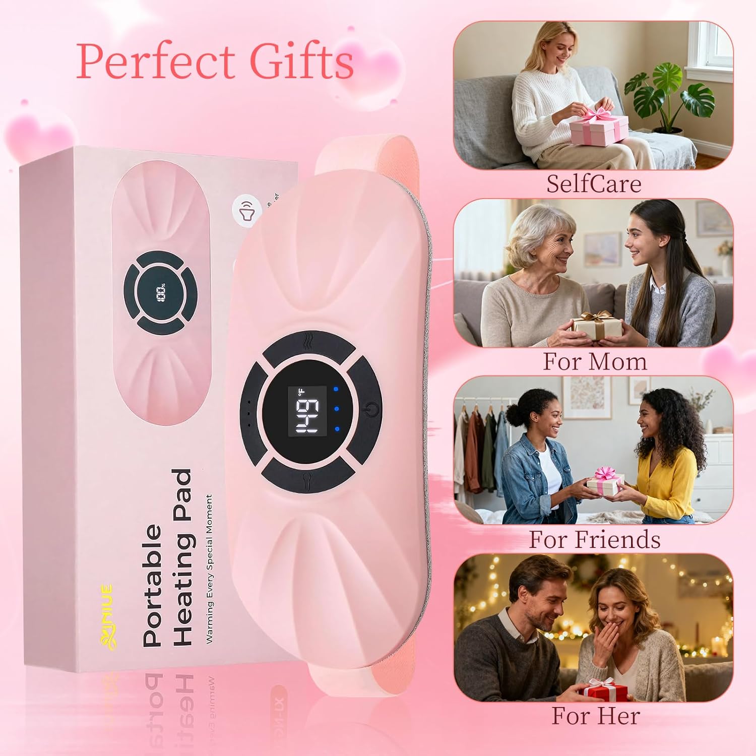 Portable Heating Pad for Period Cramps Relief Vibrating Menstrual Heating Belt for Women, Rechargeable Fast Heat with 6 Heat Levels and 6 Modes for Menstrual, Pain Relief for Back & Stomach (Pink)