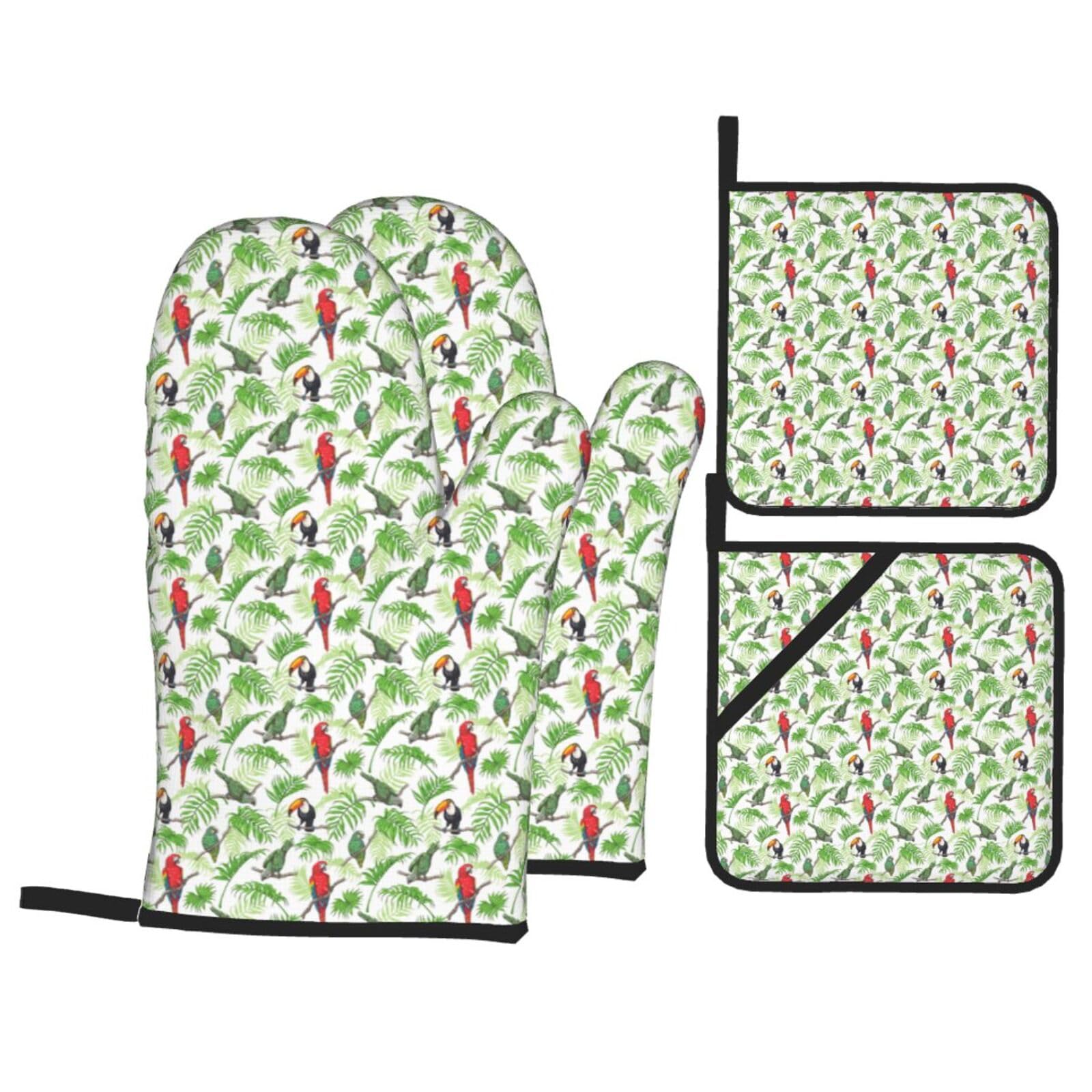Parrot Birds and Tropical Tree Print 4-Piece Heat-Resistant Oven Waterproof Kitchen Gloves Cooking Roasting Essential
