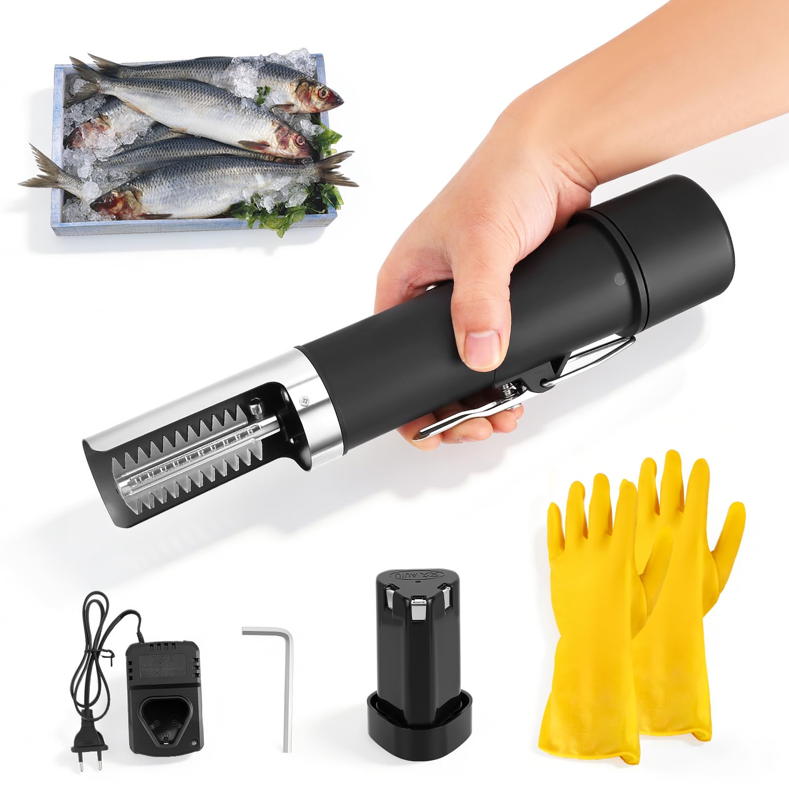 Écailleur électrique pour poissons, rechargeable sans fil, avec 2 têtes et gants – Outil professionnel en acier inoxydable pour la maison, le supermarché, le camping et la pêche