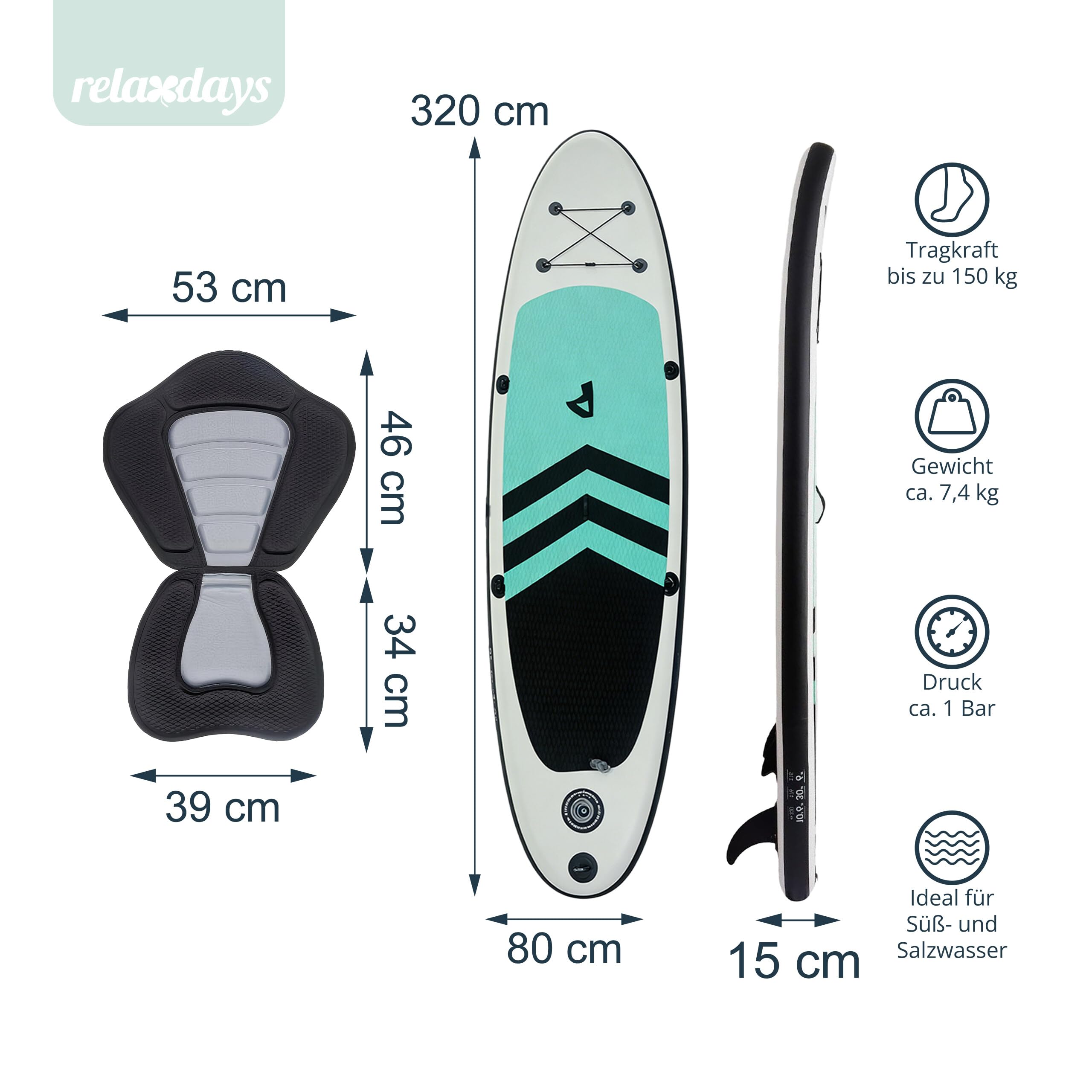 Relaxdays SUP Board, mit Sitz, aufblasbar, Mehrfarbig | Set mit Paddel & Pumpe, Paddelbrett, 150 kg, HBT: 15x80x320 cm