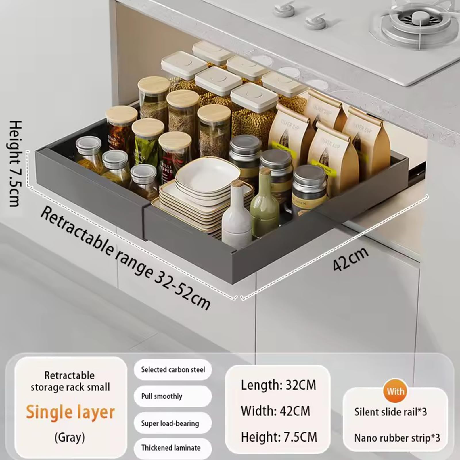 Rozszerzalny wysuwany organizer do szafki, wysuwane szuflady do spiżarni kuchennej, bez śrub, regulowana, rozkładana półka z klejem, głębokość 42 cm