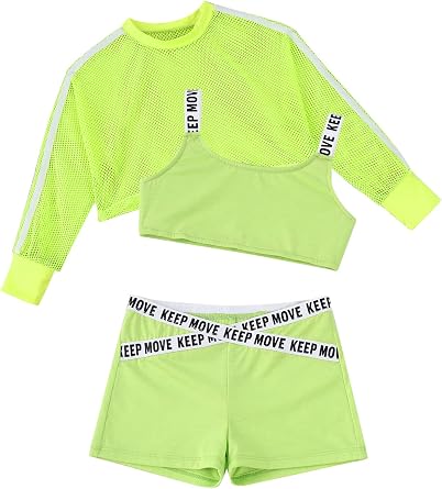 Girls Street Dance Costume Jazz Hip Hop Outfits 3-Piece Kids Mesh Crop Tops Shorts Clothes Set