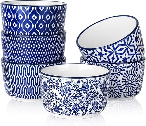 Selamica Ramekins de cerámica de 6 onzas, aptos para horno, moldes de crema brulee, platos de soufflé para hornear, mini cuencos para helado de