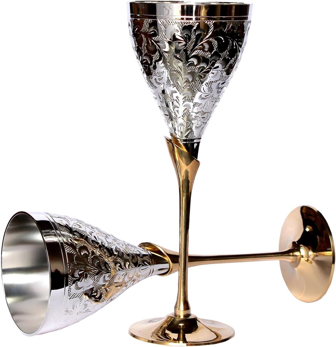 Silver StonKraft eSplanade Engraved Brass Goblet Champagne Glasses Flutes Coupes Wine Glass Set (Thick) - Silver Polished