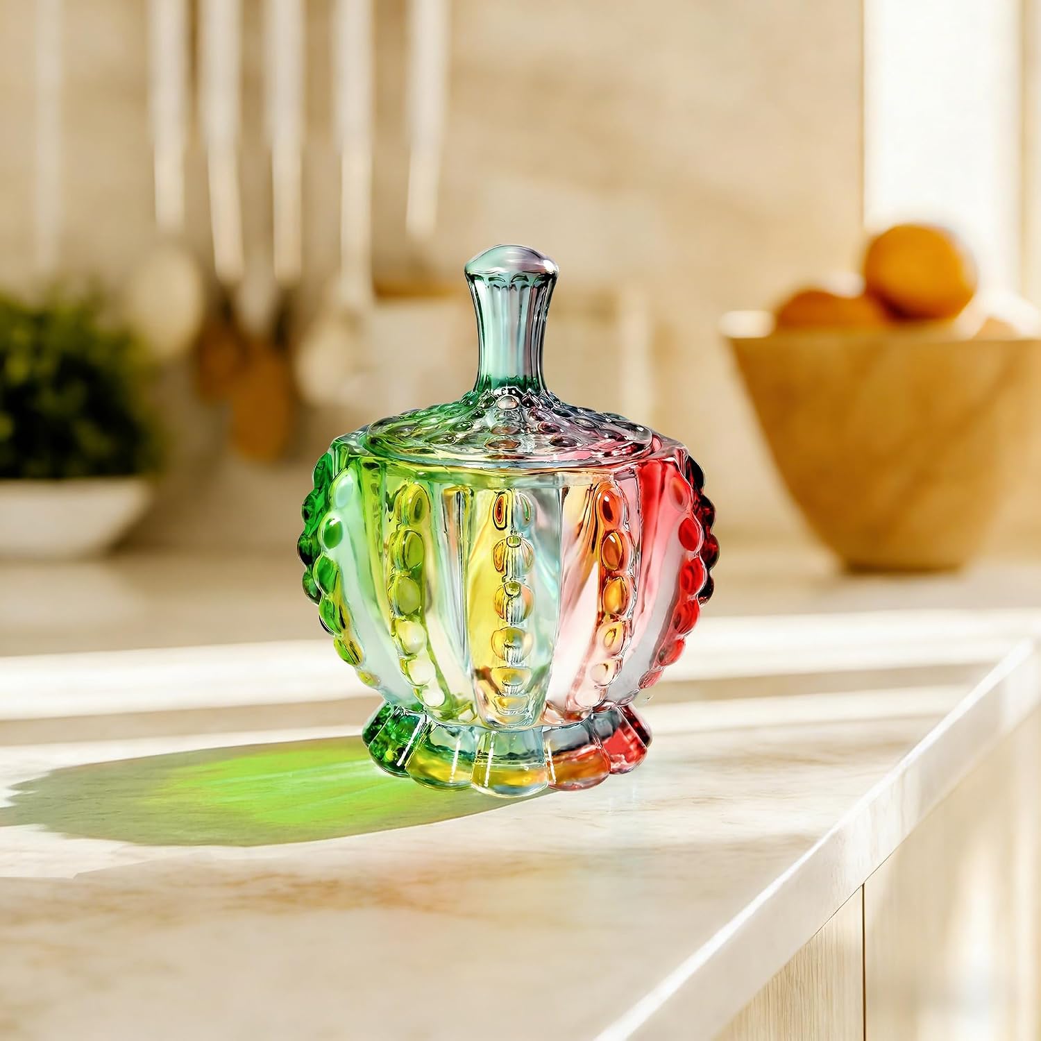 Iridescent Glass Candy Jar with Lid, Colorful Candy Dishes