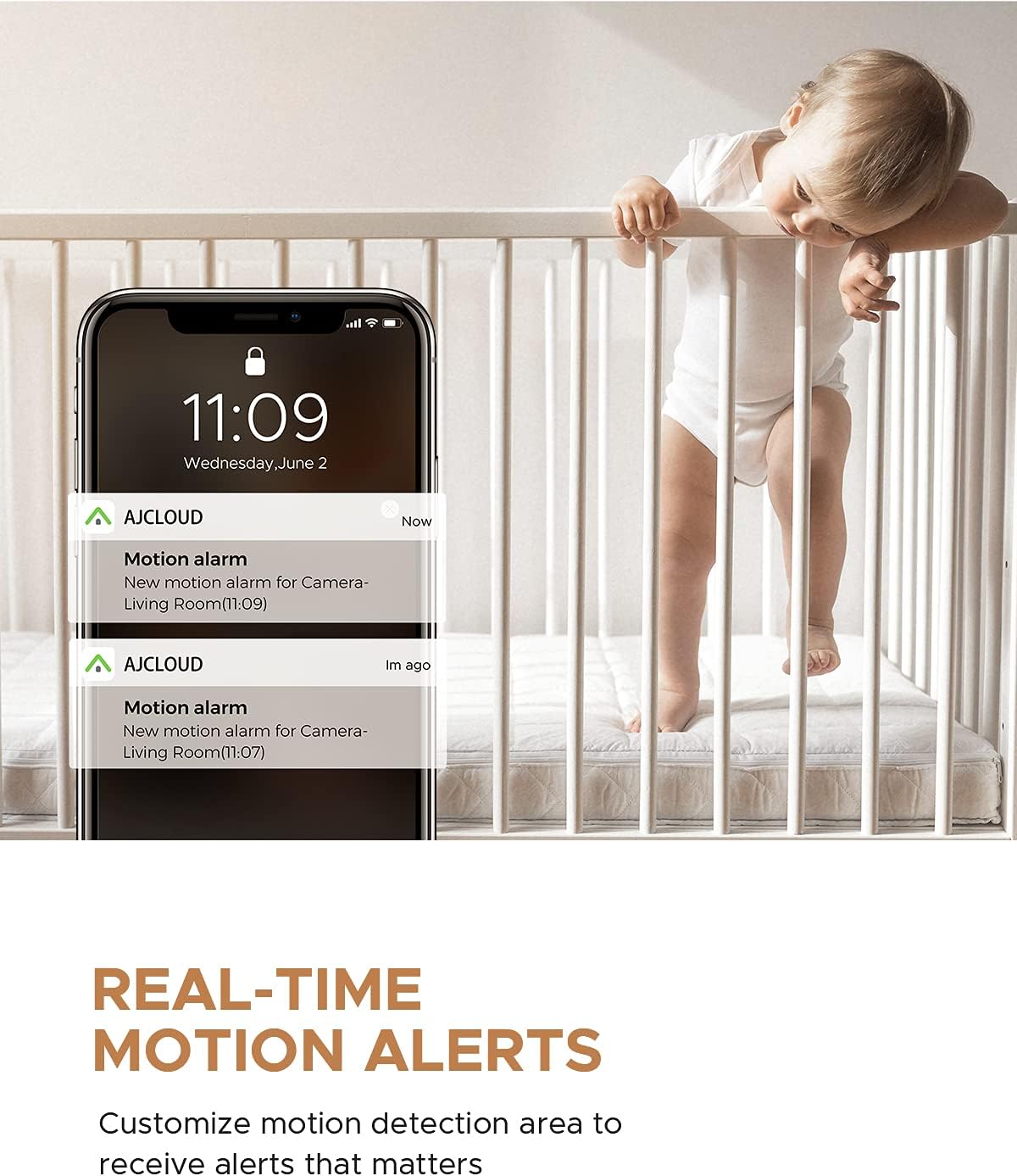 Smartphone displaying real-time motion alerts from the Muson camera, with a baby in a crib.