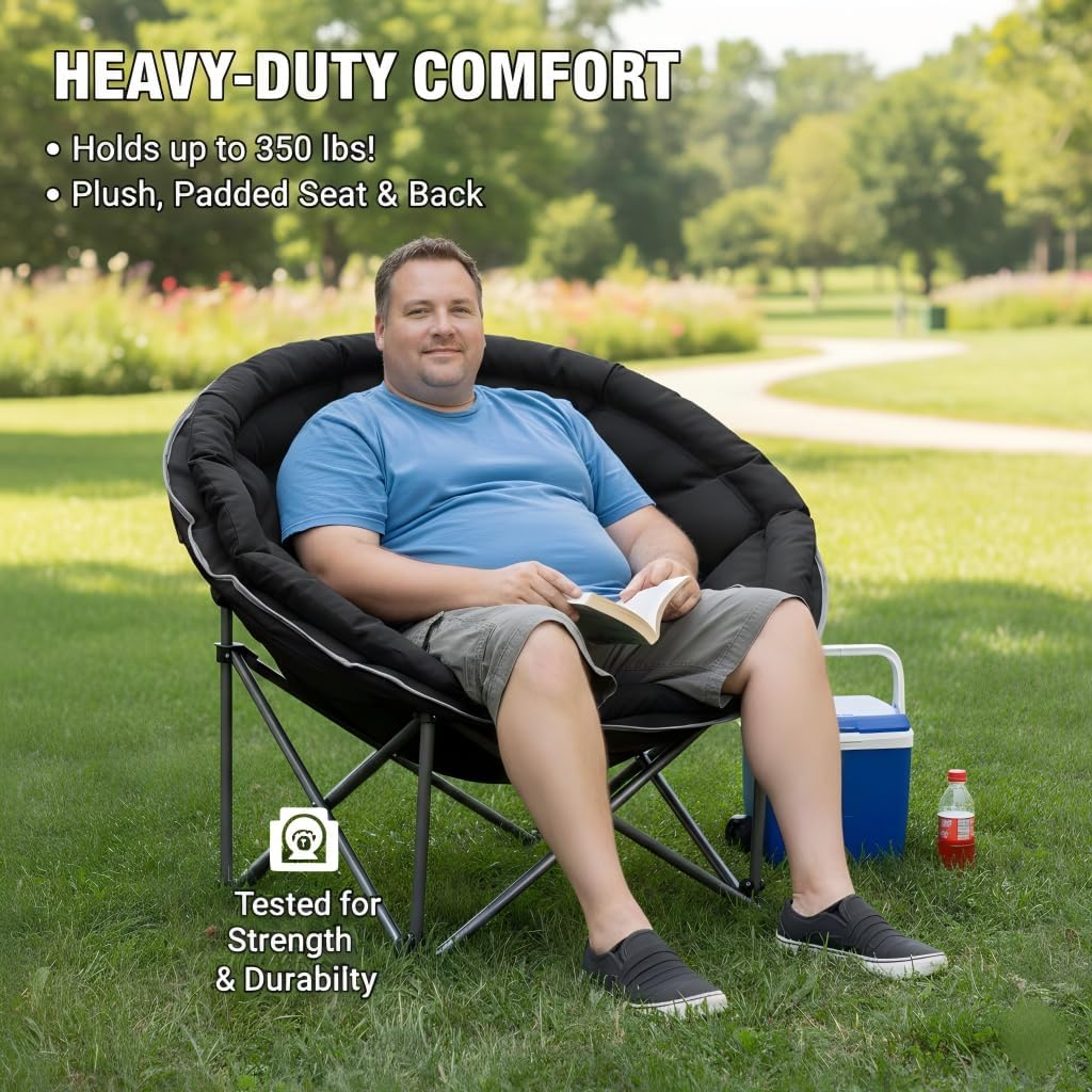 Oversized XXL Folding Round Camping Chair,Super Comfy Padded Moon Camp Chairs,Heavy Duty Supports 400 Lbs Outdoor Lawn Chairs for Adults,Perfect for Indoor,Family Camping,Picnics and Garden,Black