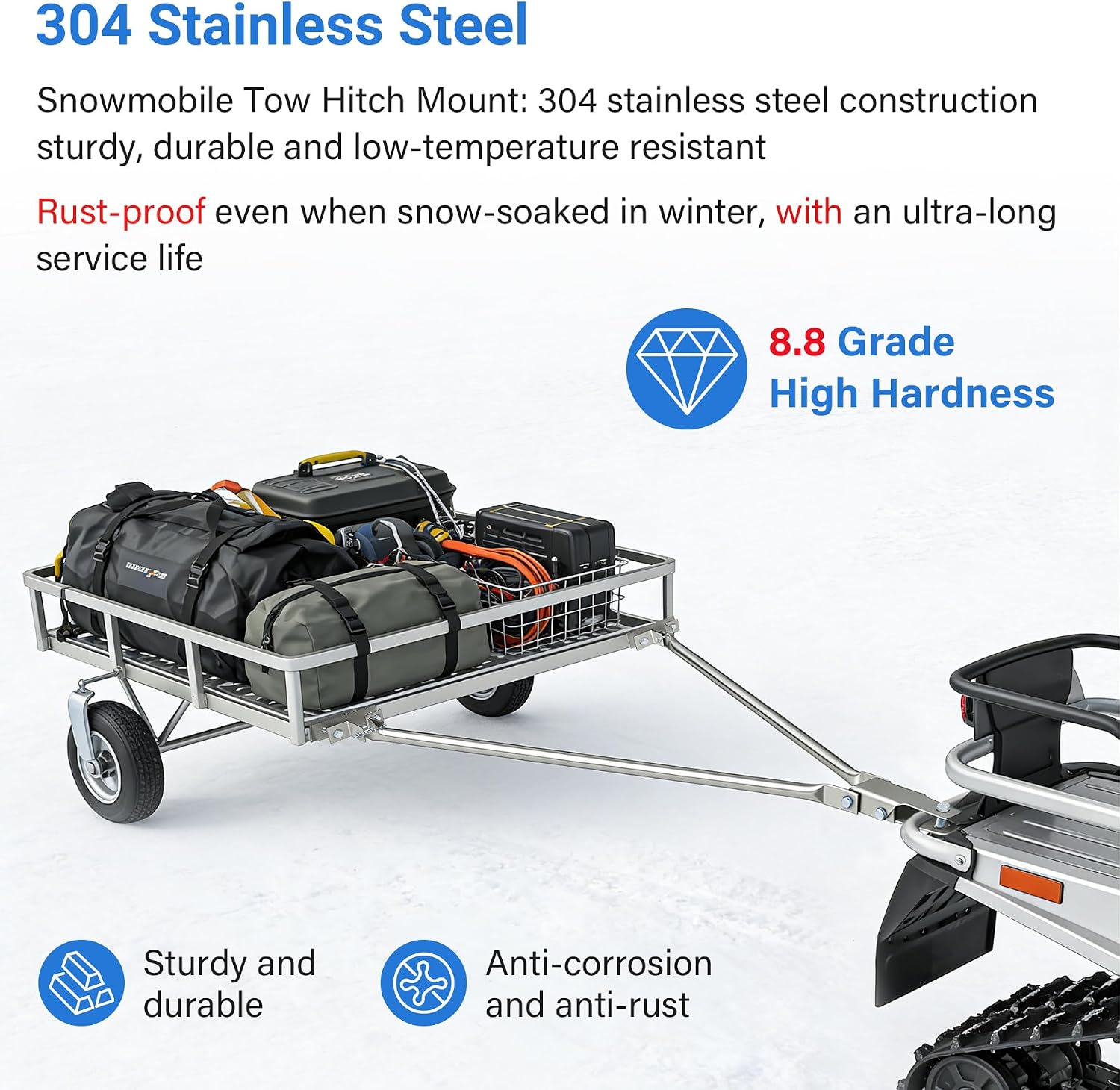 304 Stainless Steel Snowmobile Towing Hitch, ATV Towing Hitch for Large Pull-Back sled, Tow bar, Removable ice Fishing House/shanty，24 inch Tow bar