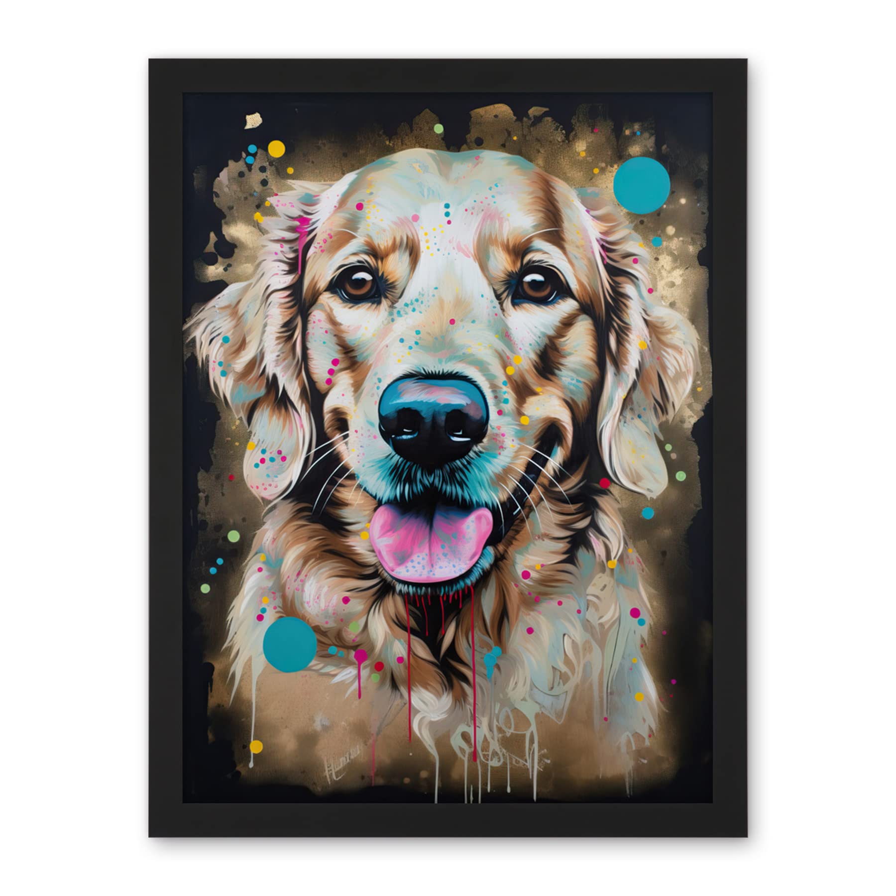 Artery8 Happy Smiling Golden Retriever Dog Portrait Artwork Framed Wall Art Print 18X24 Inch