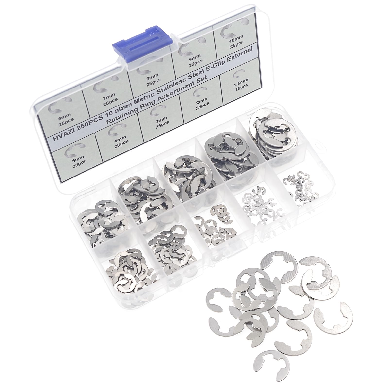 E-Clip Retaining Ring Kit - 250pcs Metric Sizes -6 E-Clip Retaining Ring Kit - 250pcs Metric Sizes -6