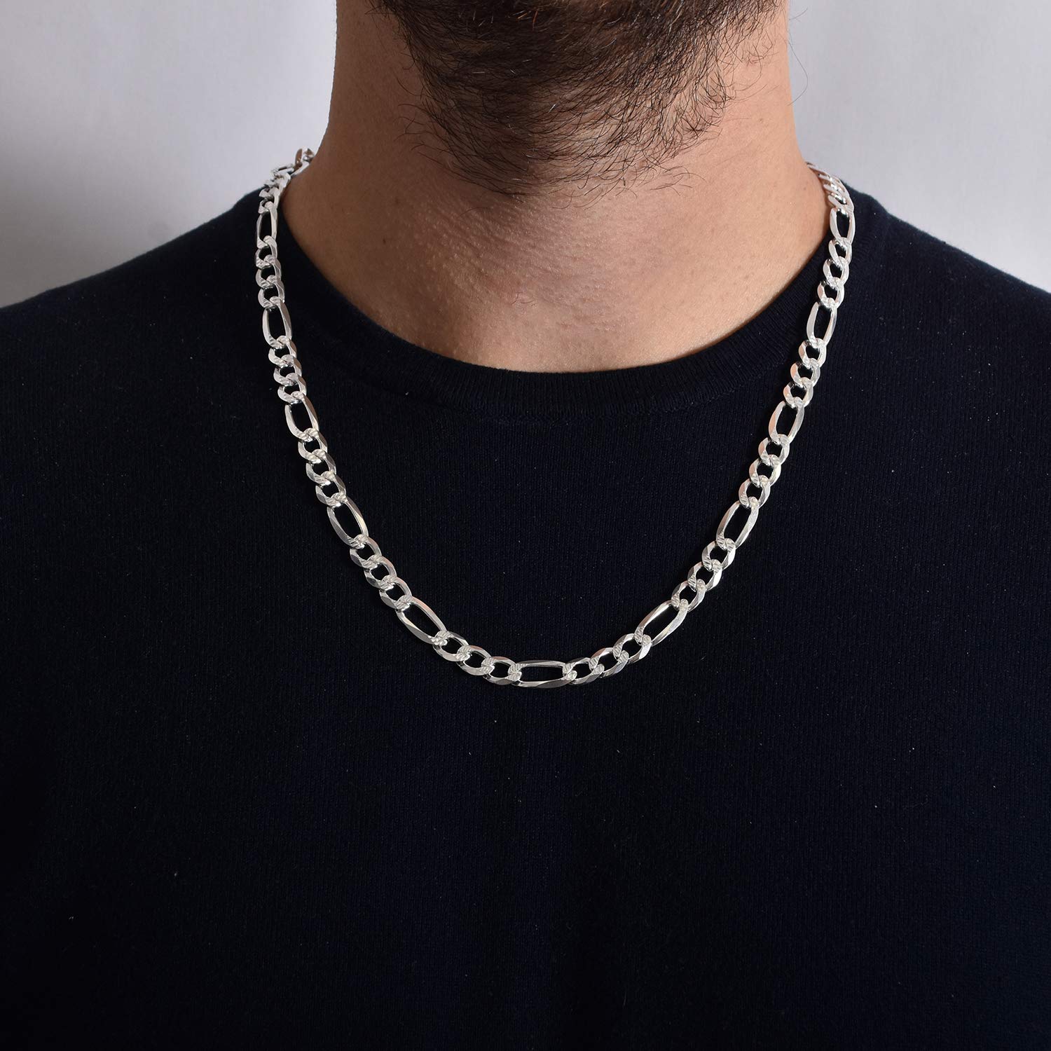 NYC Sterling Cadena de plata de ley maciza auténtica con eslabones Figaro de corte de diamante .925 ITProLux de 3 mm - 7,5 mm, cadena de plata para hombres y mujeres, fabricada en Italia, Plata