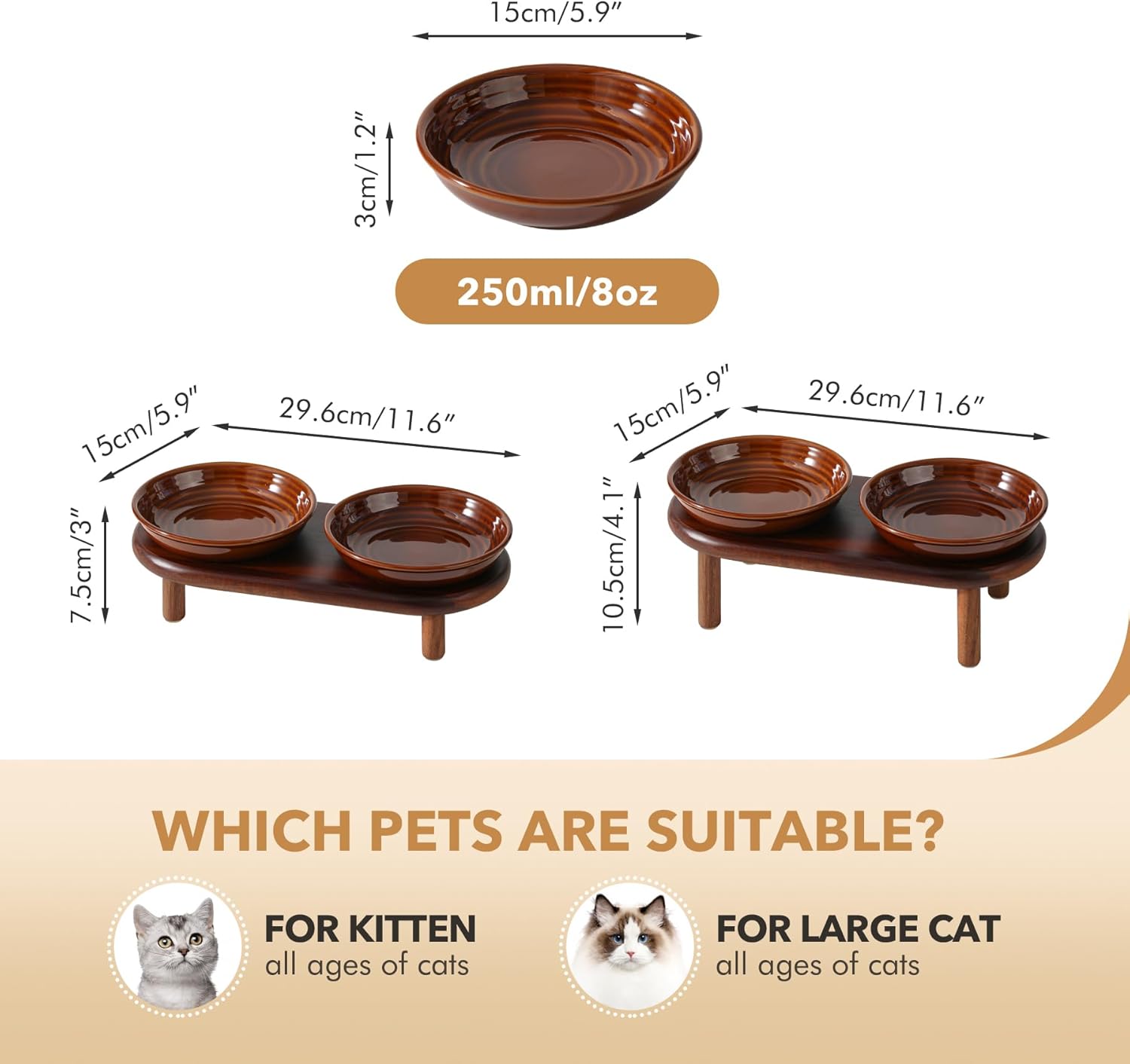 Havniva Elevated Cat Bowls Raised Ceramic Cat Dish Wide Cat Food Bowl Whisker Friendly Anti-Slip with Adjustable Stand, Shallow Pet Food & Water Dish