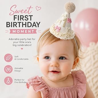 1 Birthday Hat Fabric One Party Hat with Handmade Pom Pom & Lace Ruffle, Neutral 1st Birthday Hat for Boys & Girls