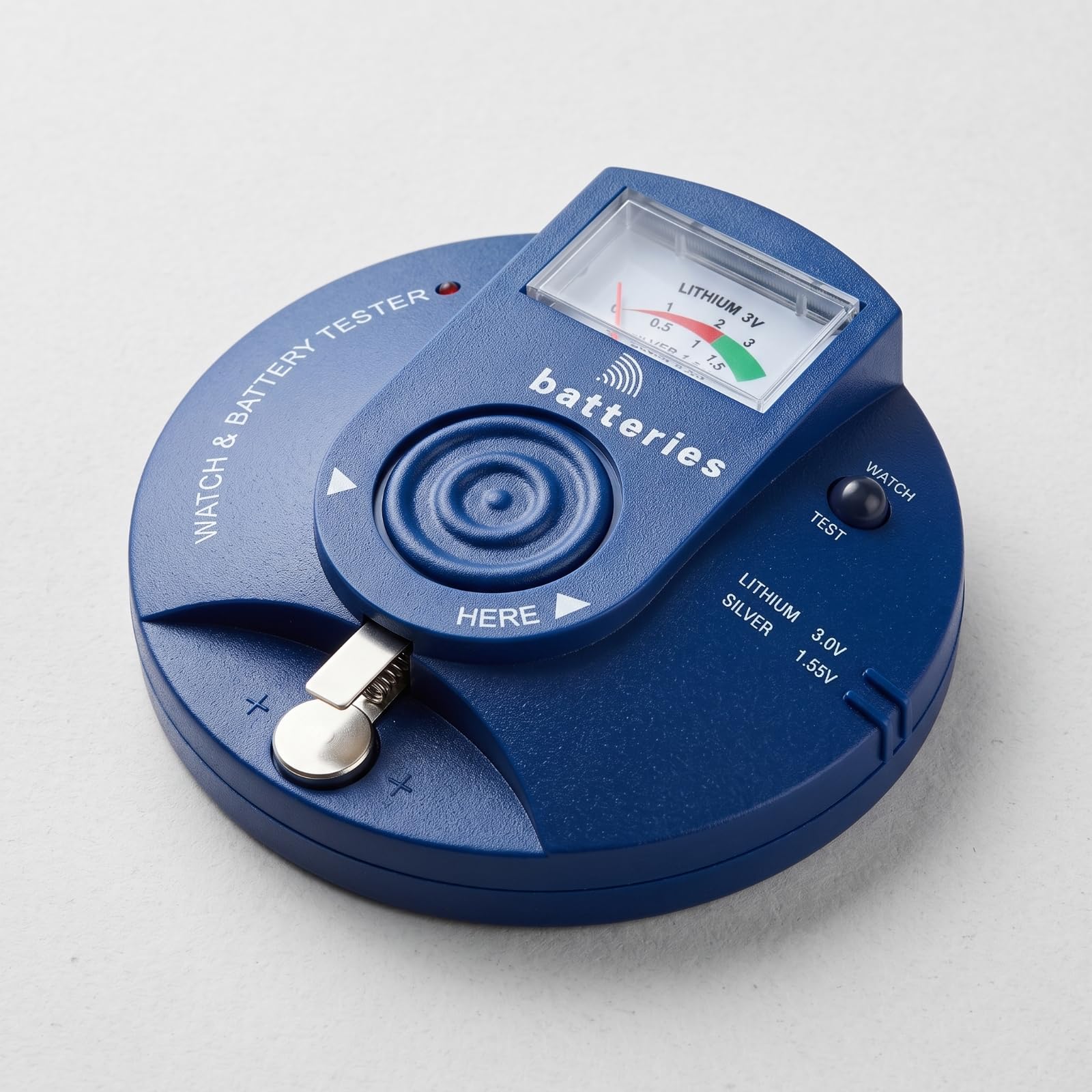 Amagogo Tester Movimento Orologio Tester Orologio Misuratore Batteria Strumento Test Analogico con Chiara E Corpo Zigrinato Verifica Potenza Pile 3.0V E 1.55V
