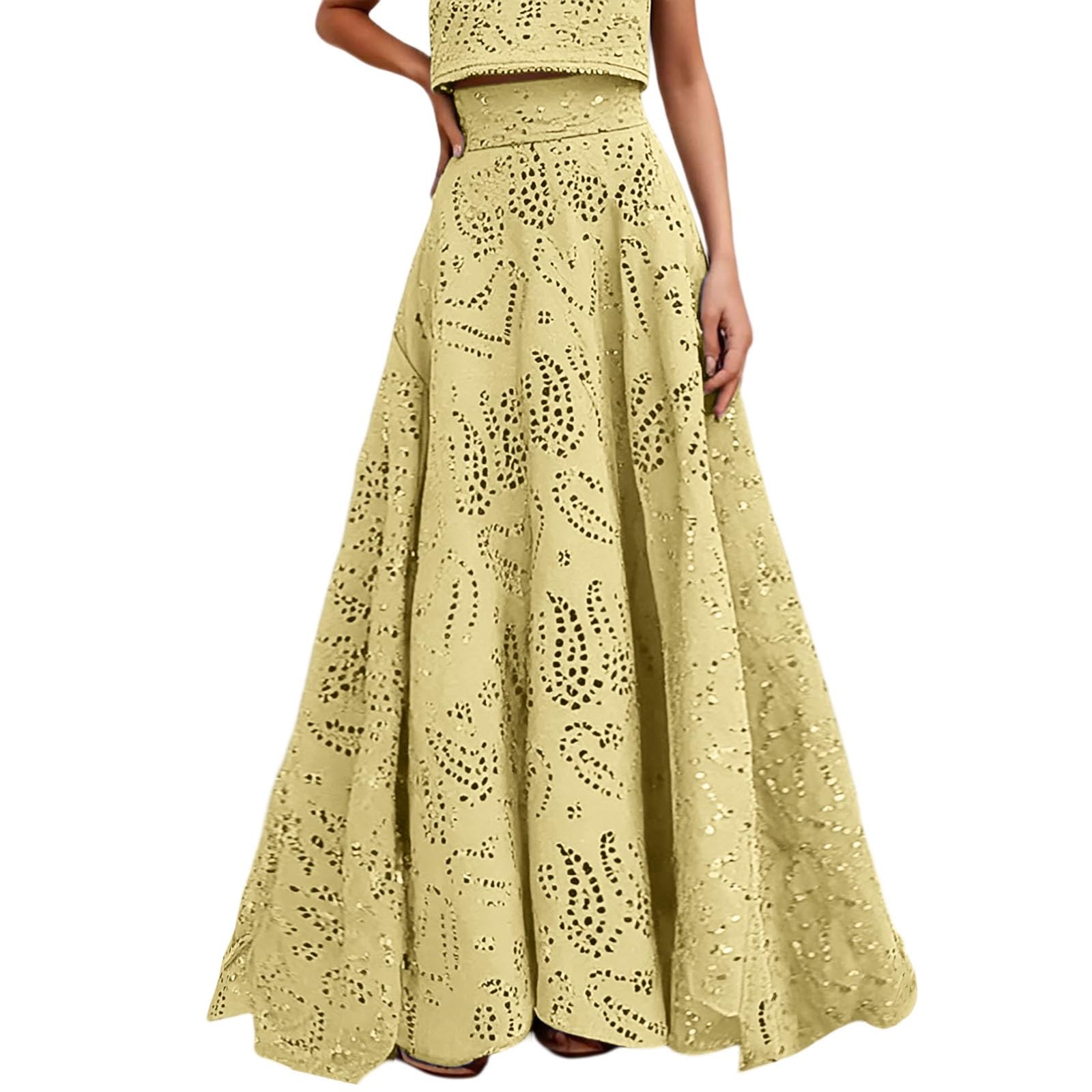 Falda Larga Mujer Verano, Faldas Mujer Verano Midi, Hueca con Estampado Floral Ideal Vacaciones Y Primavera con Top A Juego Lavable A MáQuina Color Faldas Skirt Falda Lunares Falda Vaquera Minifalda