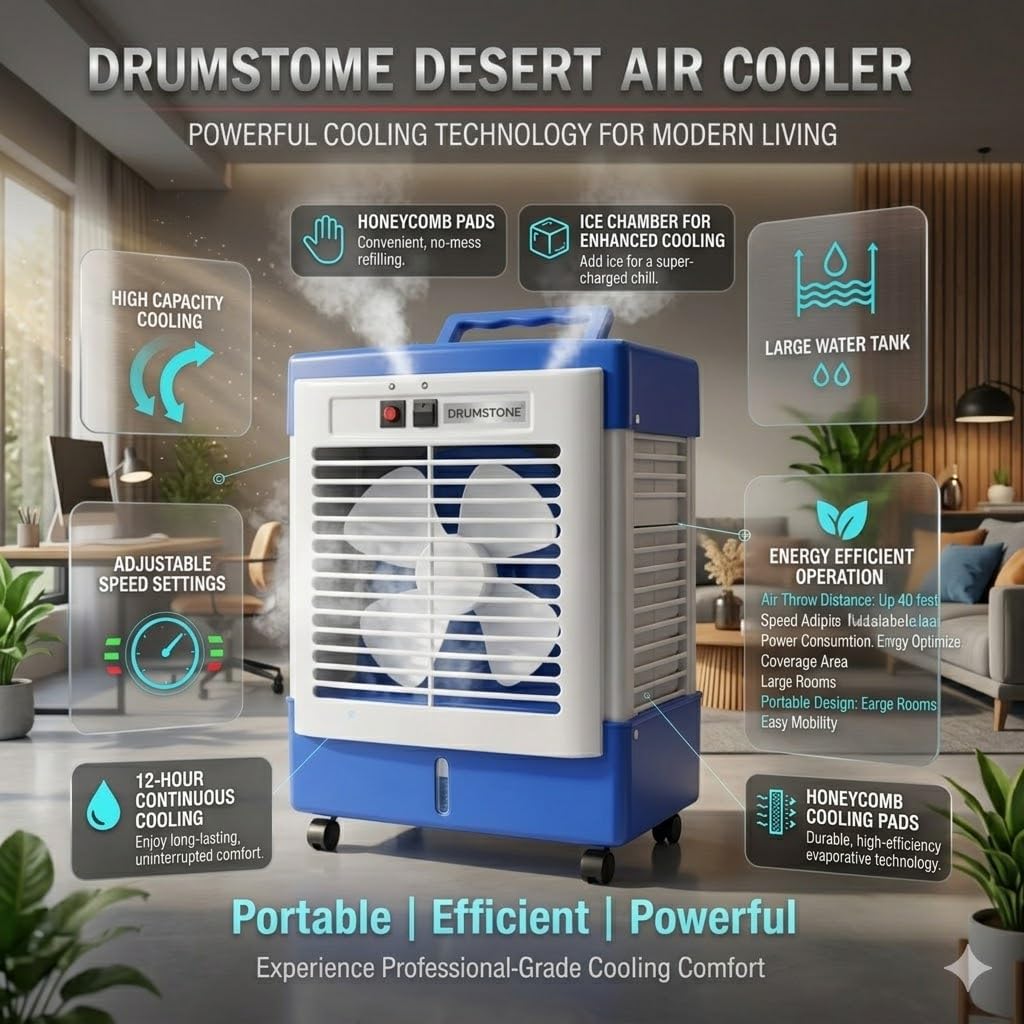 Drumstone (Cooling 2+2 Year Warranty) Large Desert Air Cooler Portable Room Cooling Fan with High Capacity Tank Powerful Air Throw for Home Office Summer Cooling 2026 Model MULTICOLOR 3