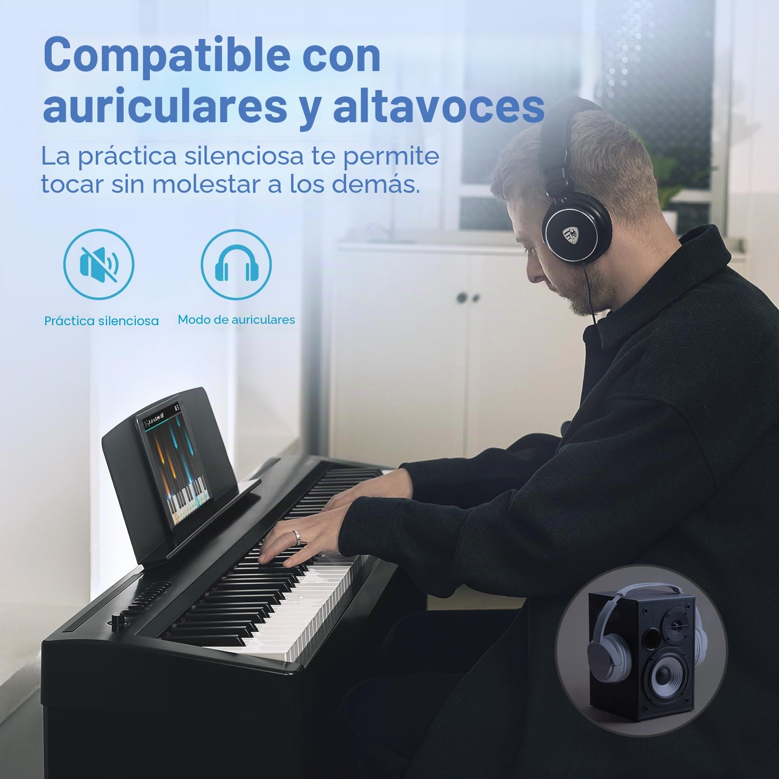 TERENCE Piano digital 88 teclas con Teclado Graded Hammer Compact 2x25W Altavoces Duales Grabación, Bluetooth, MIDI, compatibilidad con auriculares y altavoces, teclado dual, audio espacia