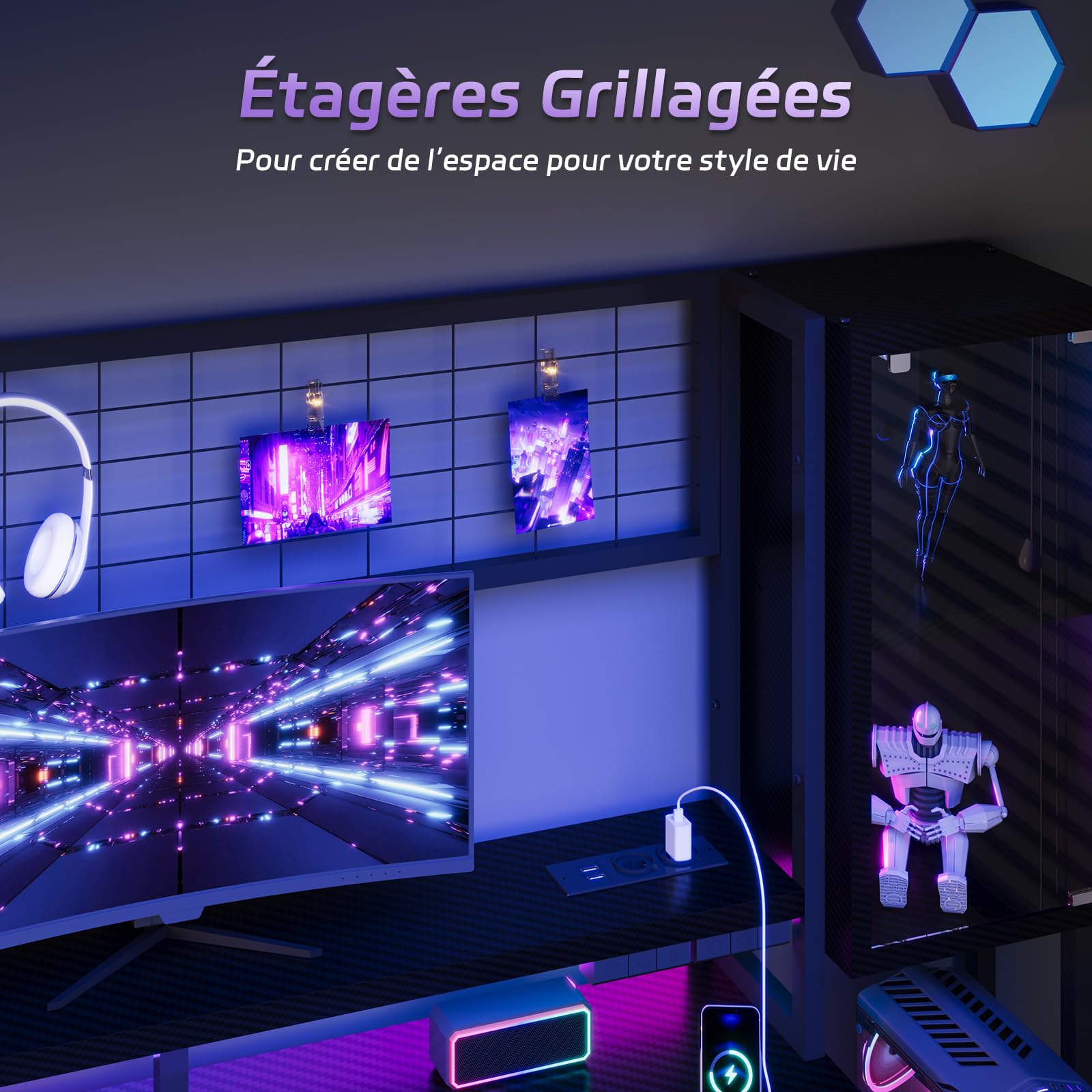 Devoko Bureau Gaming 140cm, LED & Prises, Panneau Grille & Vitrine, Noir