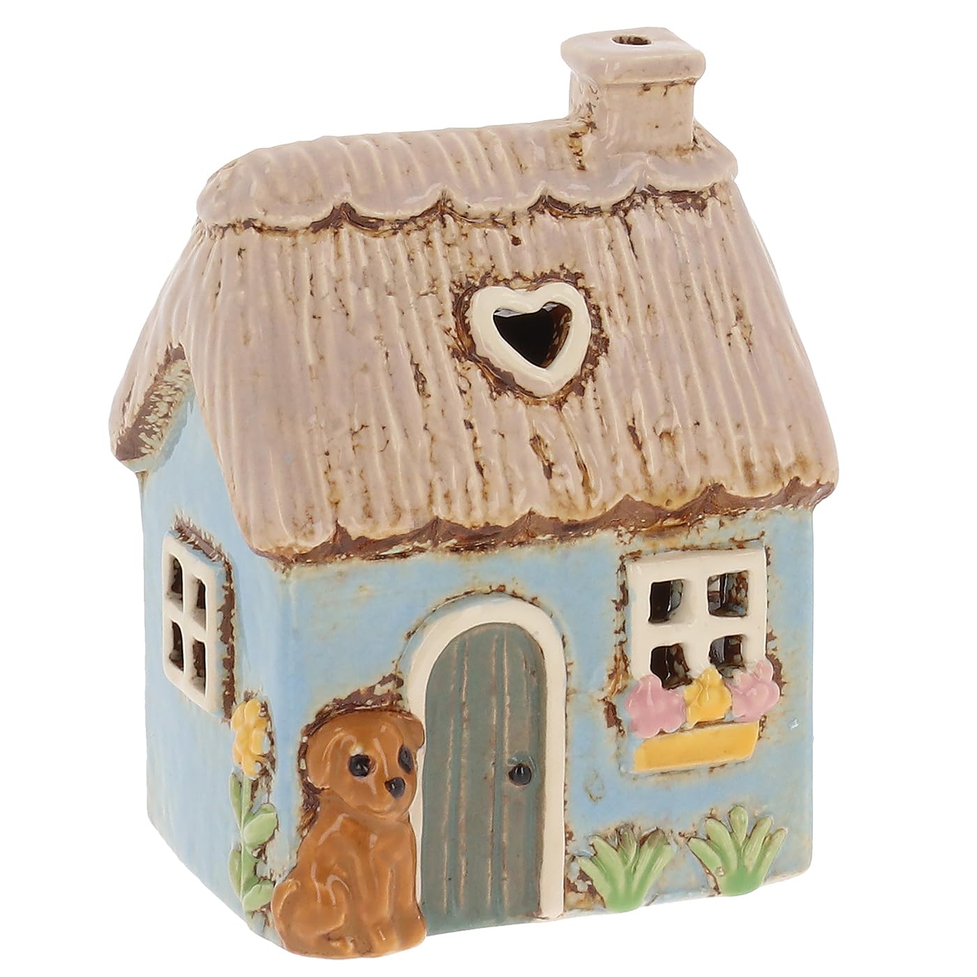 Shudehill Giftware Village Pottery Blue Thatched Collection Cottage Tealight Holder, Ceramic, Rustic Garden House Ornament