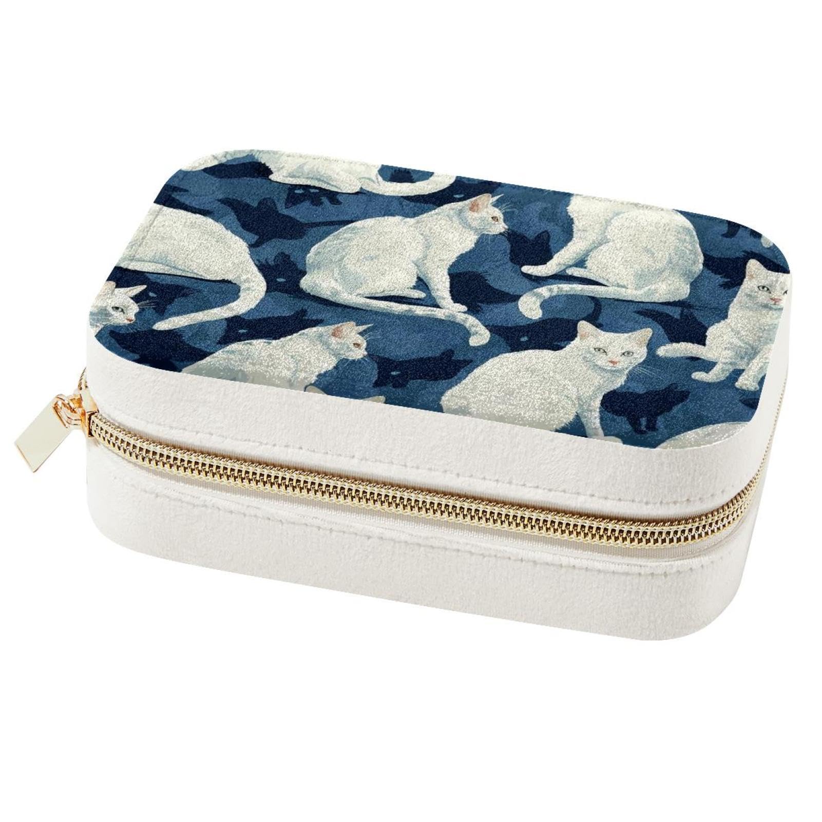 Boîte à bijoux portable chat blanc pour vos week-ends et voyages