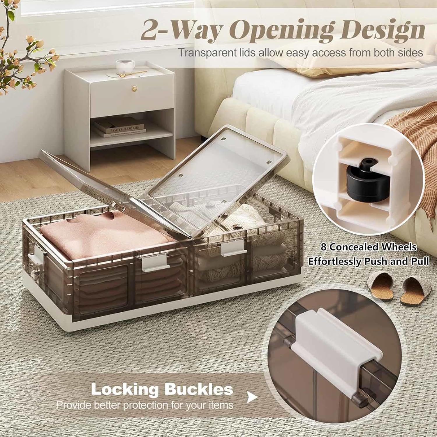 Under Bed Storage Containers with Wheels Plastic Foldable, Under Bed Storage Wheels 66L Underbed Storage Bins for Clothes, Shoes, Toys, Books,transparent-1pack