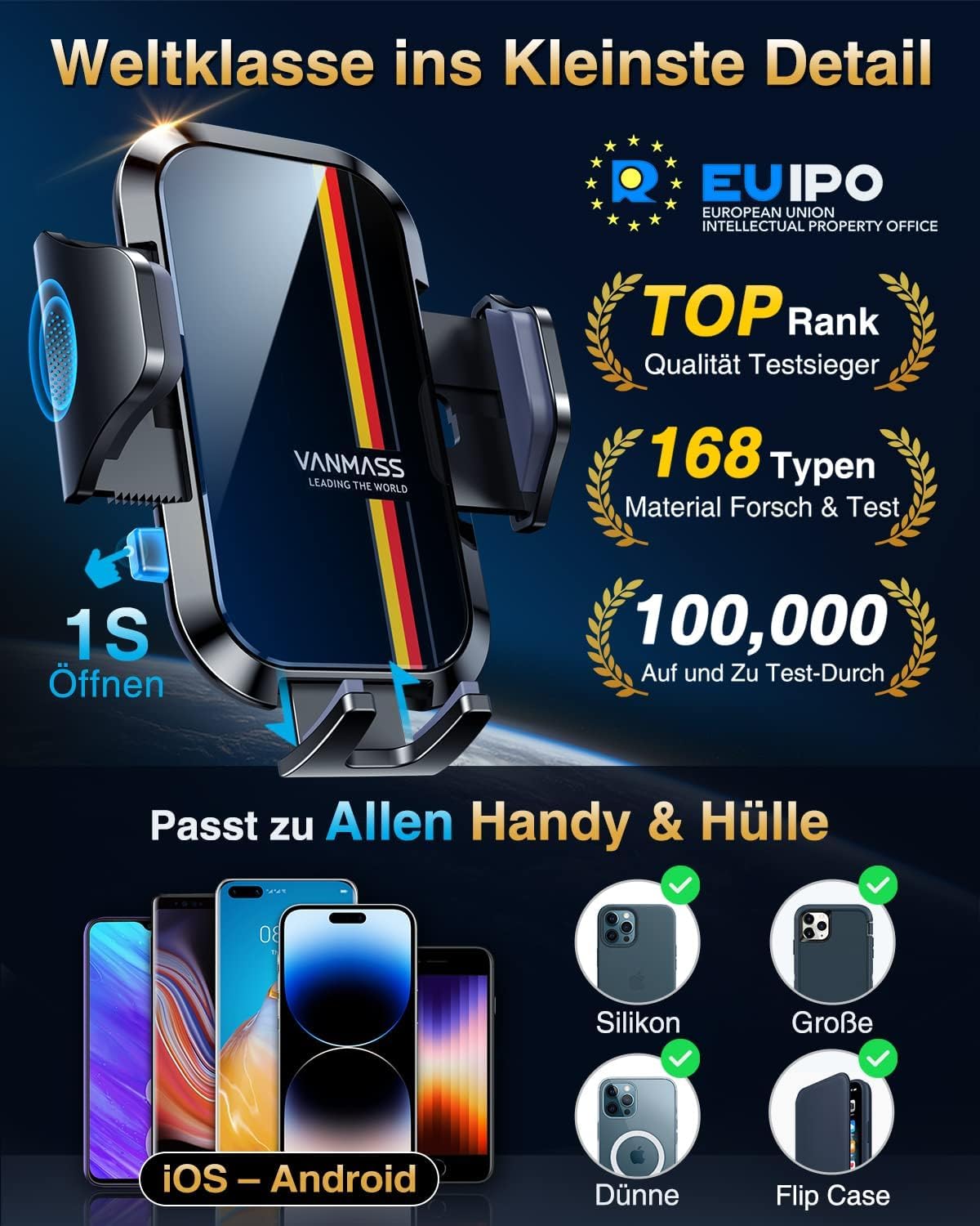 VANMASS 2026 Militärische Handyhalterung Auto Upgrade 4 in 1 Saugnapf Lüftung Handyhalter mit Klebepad Auto Handy Halterung Auto 360° Drehbar Handyhalter Auto Armaturenbrett Scheibe für iPhone Samsung