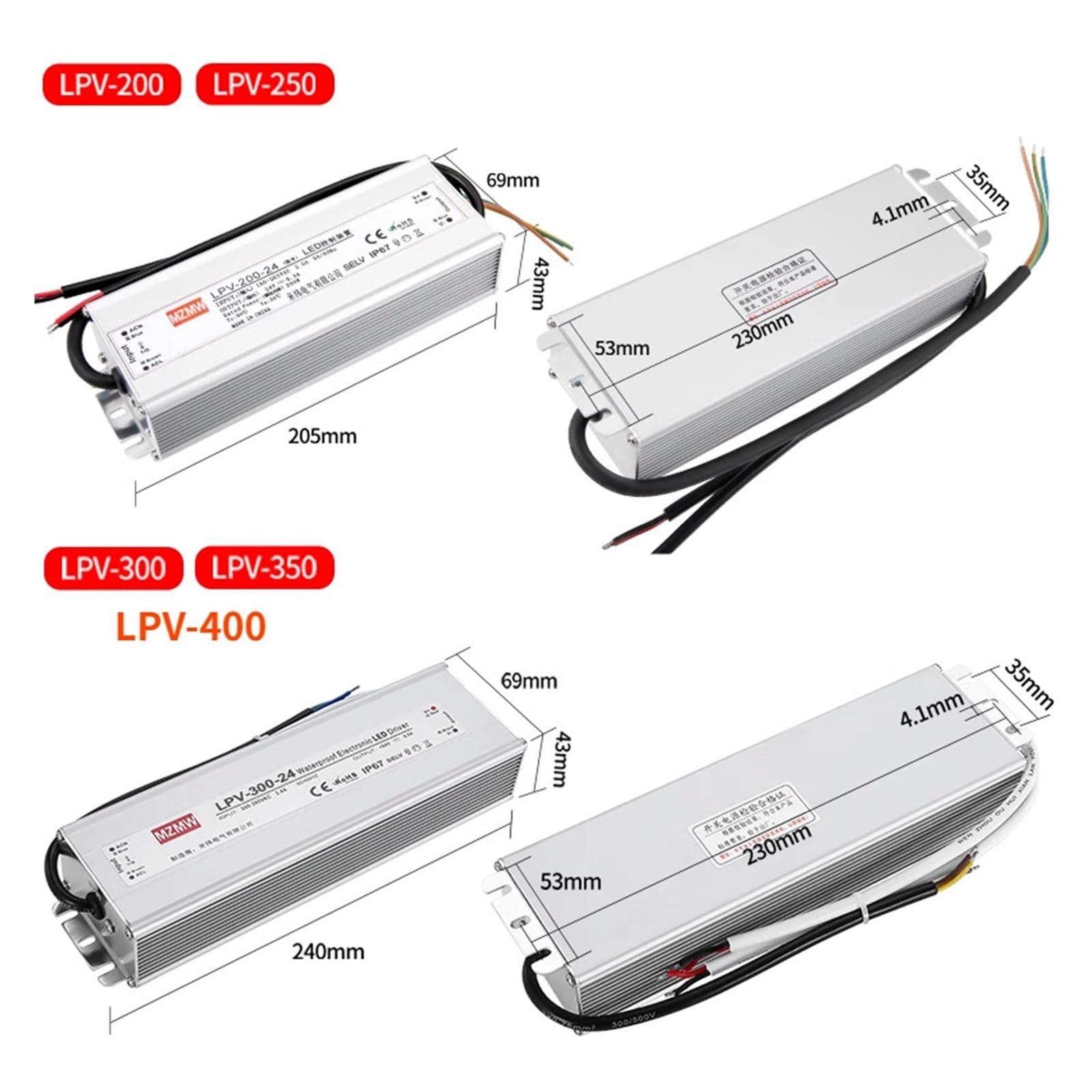 Fuente de alimentación conmutada Impermeable IP67, 200 W, 250, 300, 350, 400, CA/CC, 12 V, 24, 36, 48, Controlador Voltaje Constante | 36v-250w