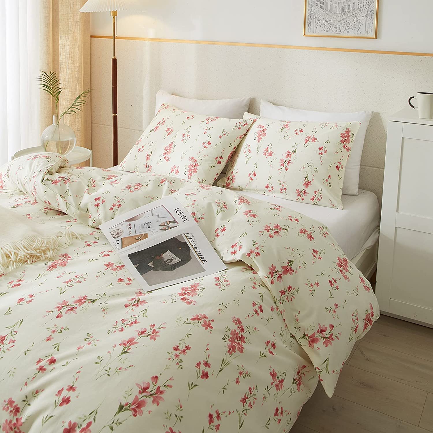 AMWAN Garden Style Pink Floral Duvet Cover King Chic Shabby White Pink Floral Bedding Sets 100% Cotton Botanical Comforter Cover Aesthetic Boho Bedding Collection King Duvet Cover Set - Image 4