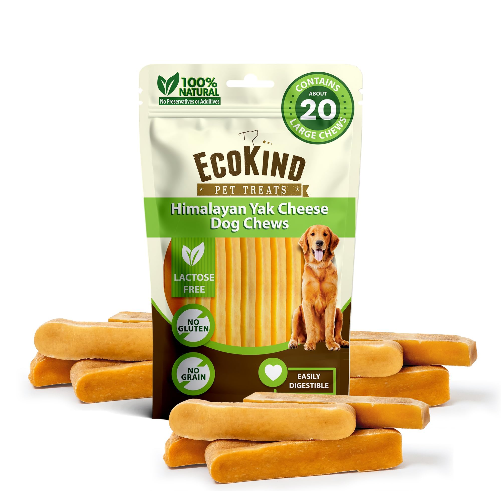 EcoKind Premium Gold Yak Cheese Himalayan Dog Chews, Dog Treats Large Breed, All Natural, High Protein, for Aggressive Chewers, Large - 20+ Chews (5 lb)