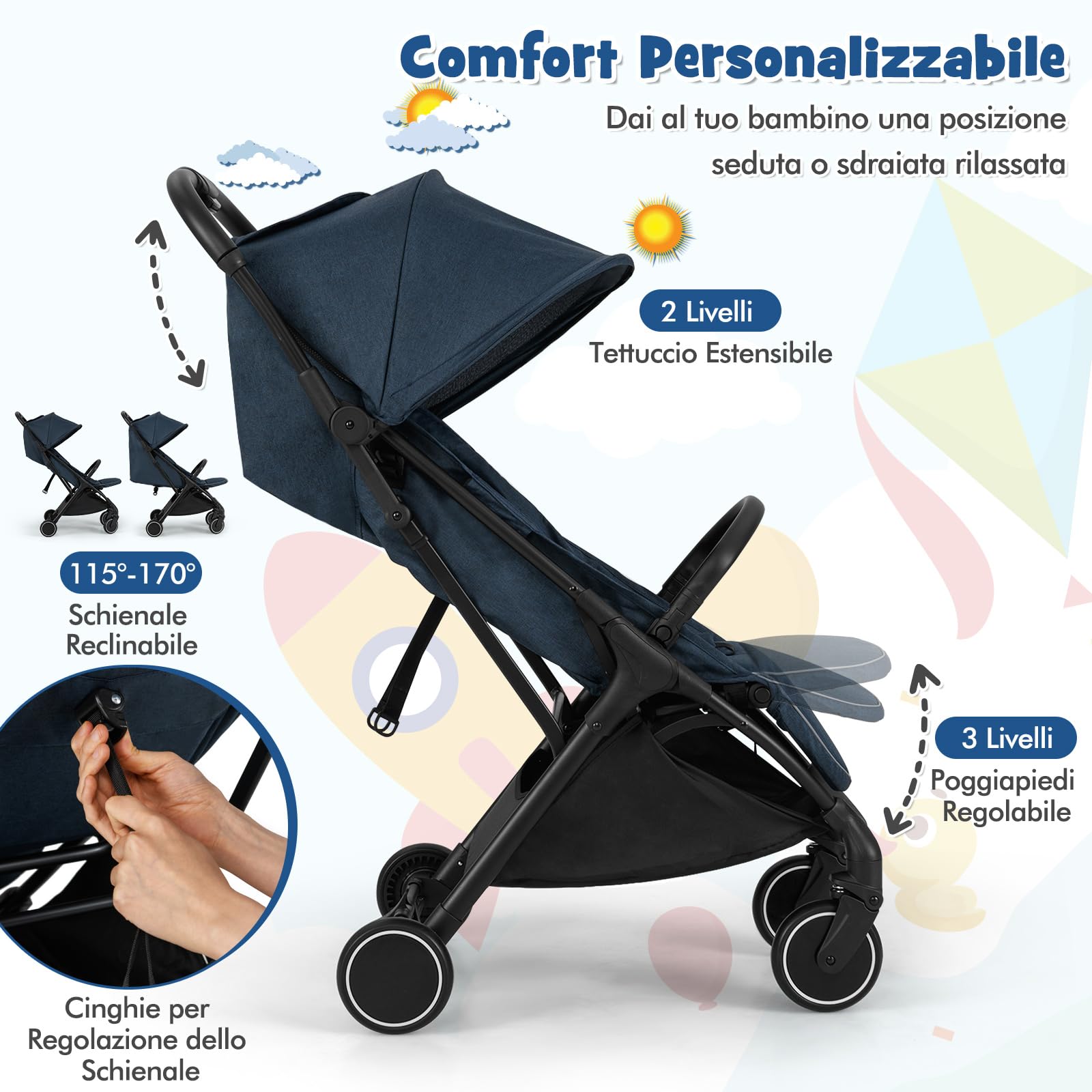 RELAX4LIFE Passeggino Leggero, per Bambini 0-3 Anni, Pieghevole, con Tettuccio Apribile, Ruota Universale con Freno, Cintura di Sicurezza, Cestino Portaoggetti, Portata di 15 kg (Blu)