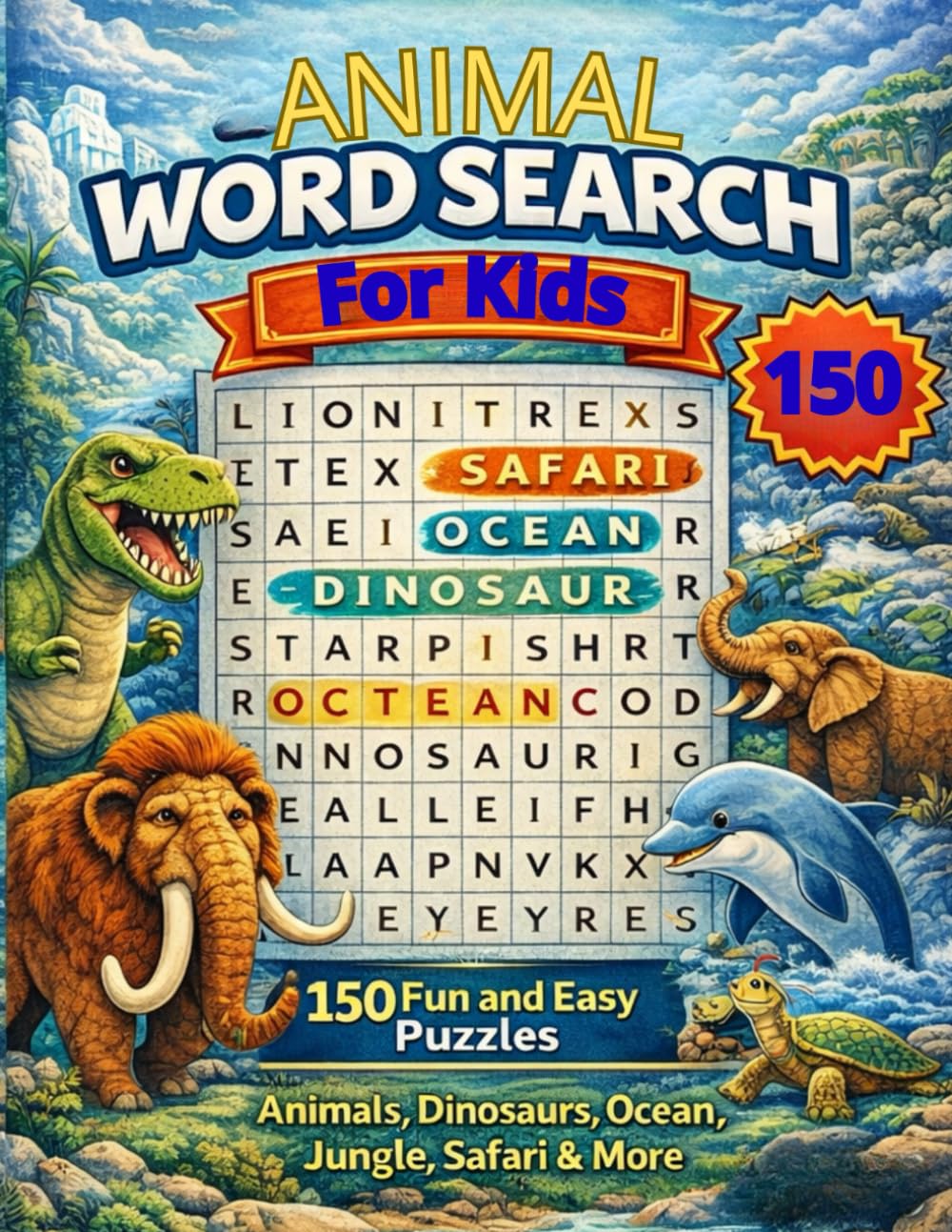 Animal Word Search for Kids: 150 Fun and Easy Puzzles Animals, Dinosaurs, Ocean, Jungle, Safari & More. Ages 4–8.