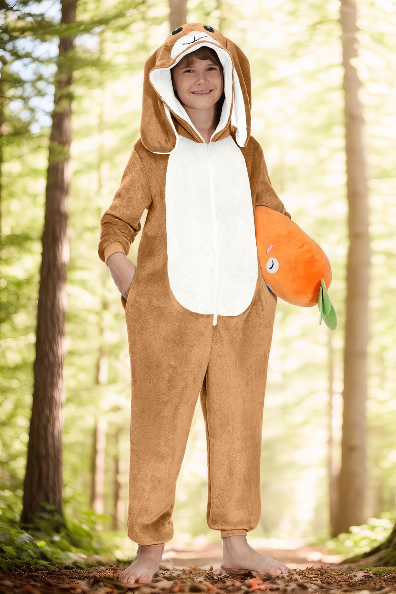 BesserBay Tuta intera unisex per bambini, con cappuccio, per Halloween, coniglietto peloso, 4-14 anni, Marrone | Tuta Coniglio, 8 anni