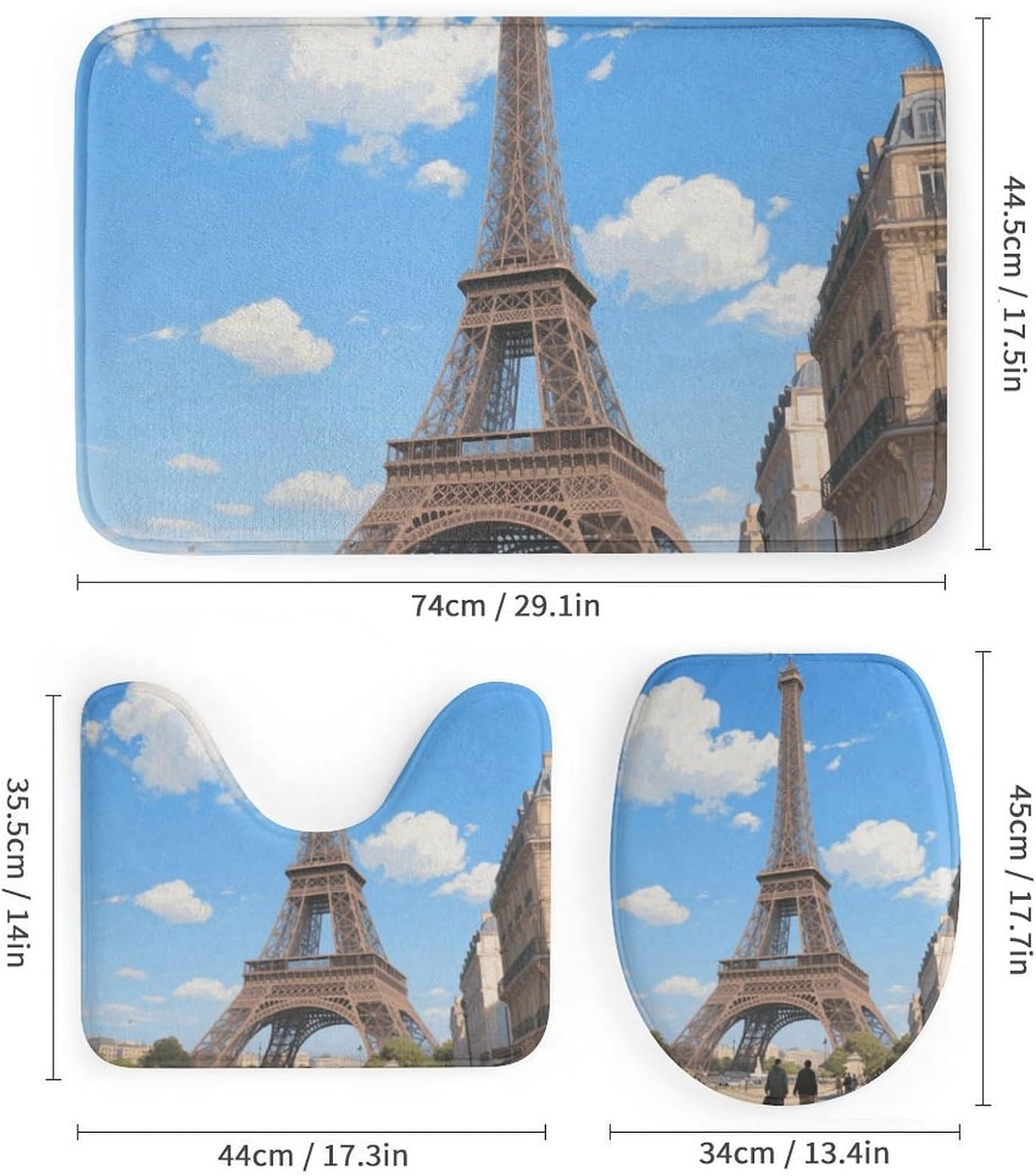 Eiffel Tower in Paris Shower Curtain Set 4 Piece, Non-Slip Bath Mat with Toilet Lid Cover and Waterproof Shower Curtain with 12 Hooks, Complete Bathroom Set for Home Decor