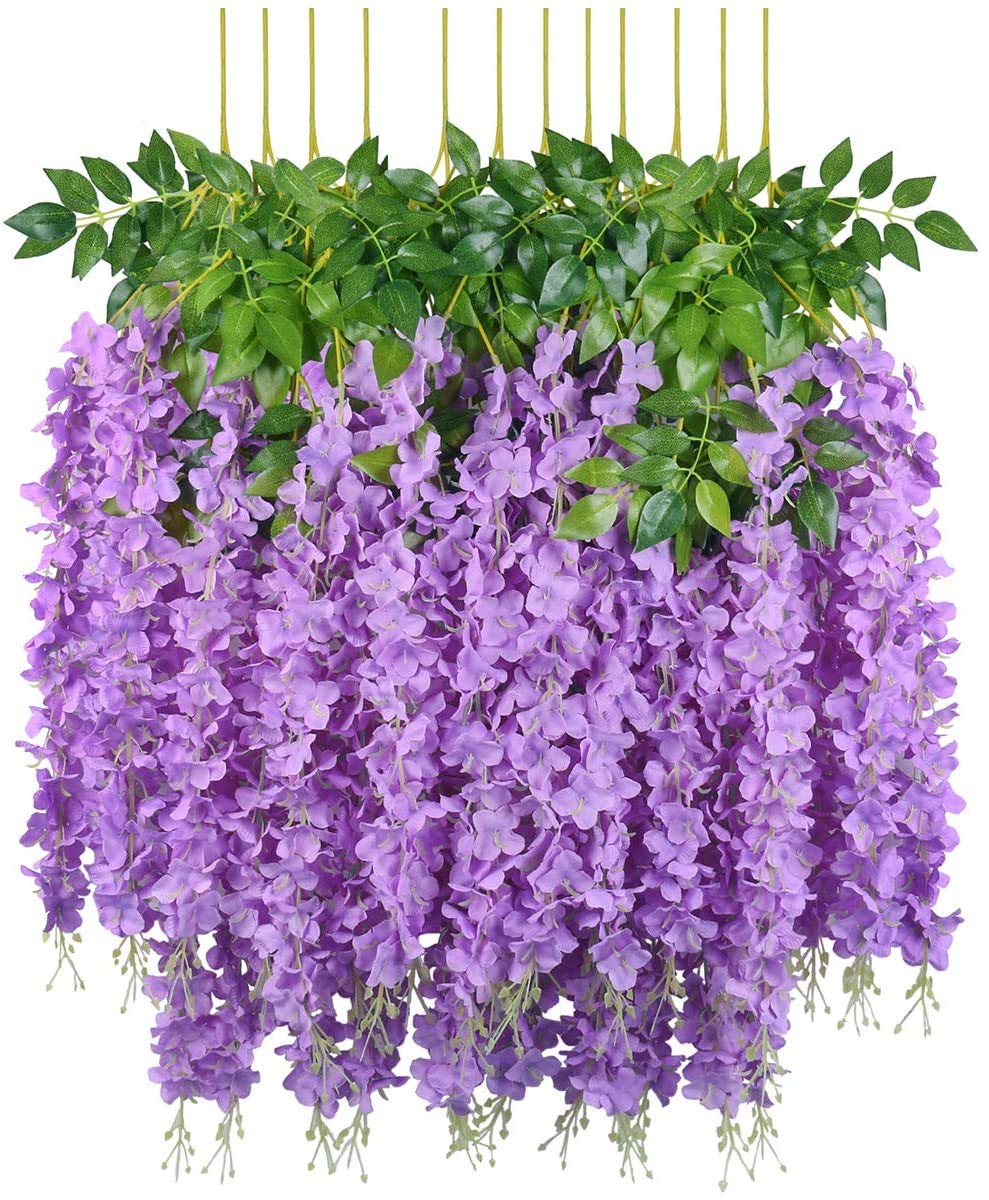 Szjh Purple 12Pcs 3.6 Feet/Piece Artificial Fake Wisteria Vine Ratta Hanging Garland Silk Flowers String Home Party Wedding Decor (Purple)