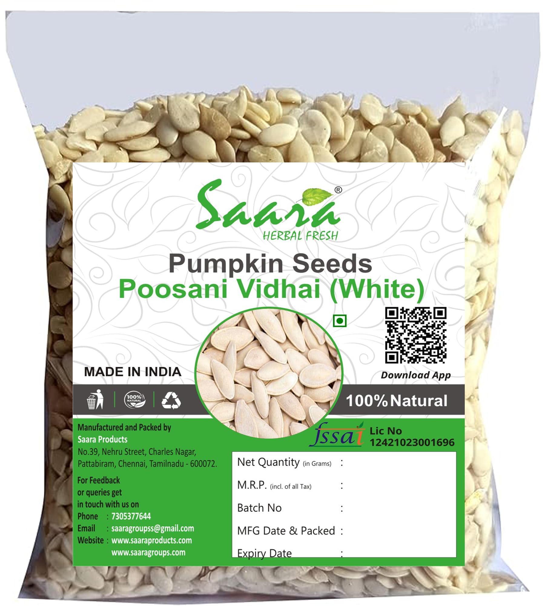 Saara HERBAL FRESH Pumpkin Seeds 200g, AAA Grade Seeds for Eating | Immunity Booster | Healthy Diet Snacks | Poosani Vidhai | Kaddu Ke Beej Without Shell (White), 200g