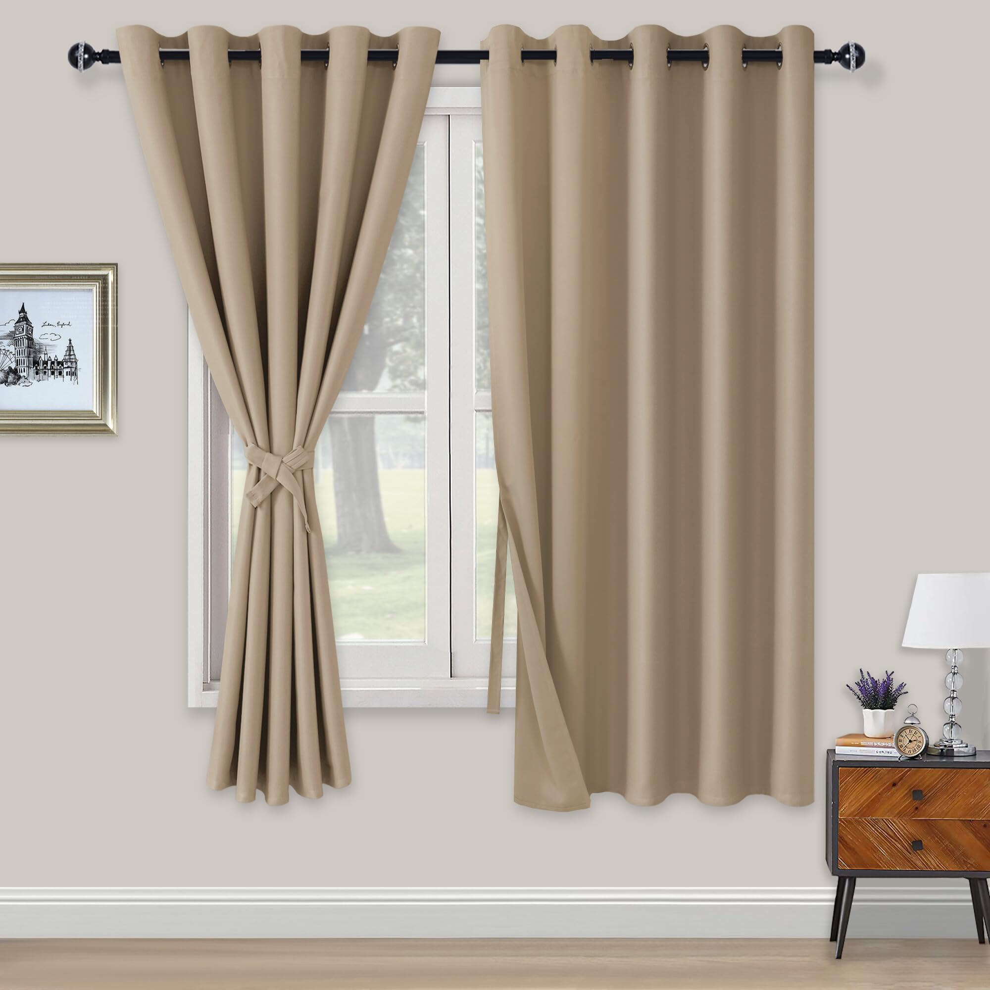 XWZO Rideaux opaques avec œillets - Rideaux occultants en 2 pièces avec tringles, rideaux imperméables à la lumière pour la chambre à coucher, le salon, le bureau, 183 x 168 cm, taupe