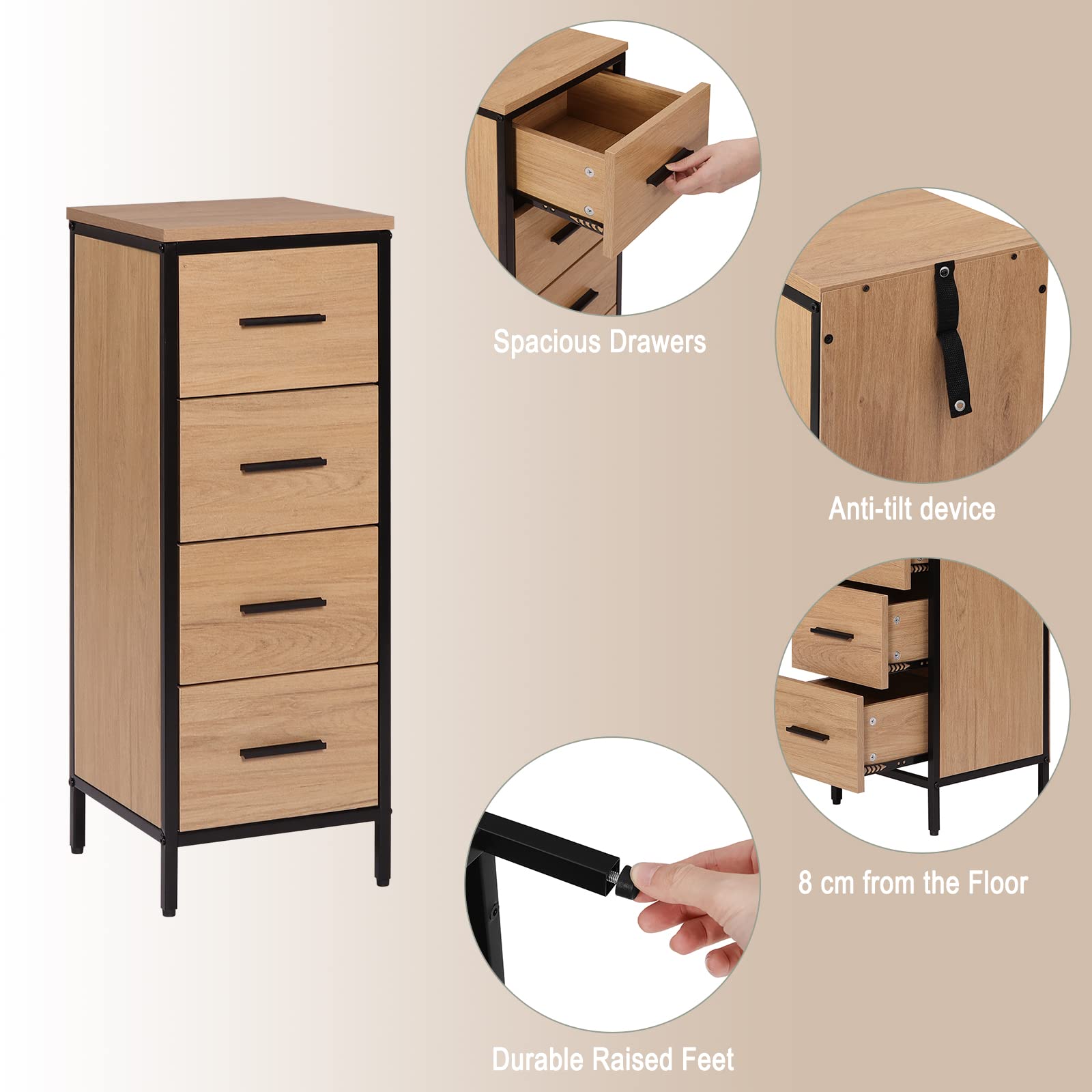 EUGAD Badezimmerschrank, Badschrank, Kommode mit 4 Schubladen, Beistellschrank, Schrank für Badezimmer, Wohnzimmer, Schlafzimmer, Küche, Flur, aus Metall + Holzwerkstoff, 30x82x30 cm