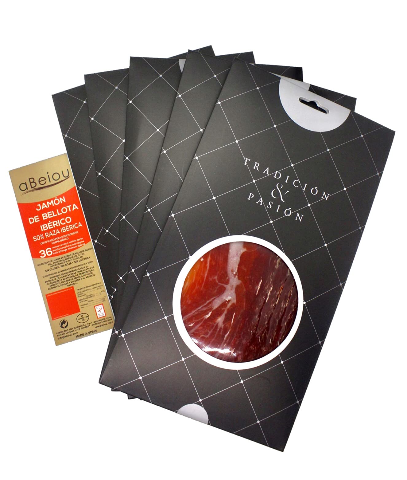 Jambon Ibérique nourri au gland de Bellota Tranché 500 g (5×100 g) — Affinage +36 Mois — Certifié Hycer — Jamón Ibérico de Bellota — Guijuelo Espagne — aBeiou